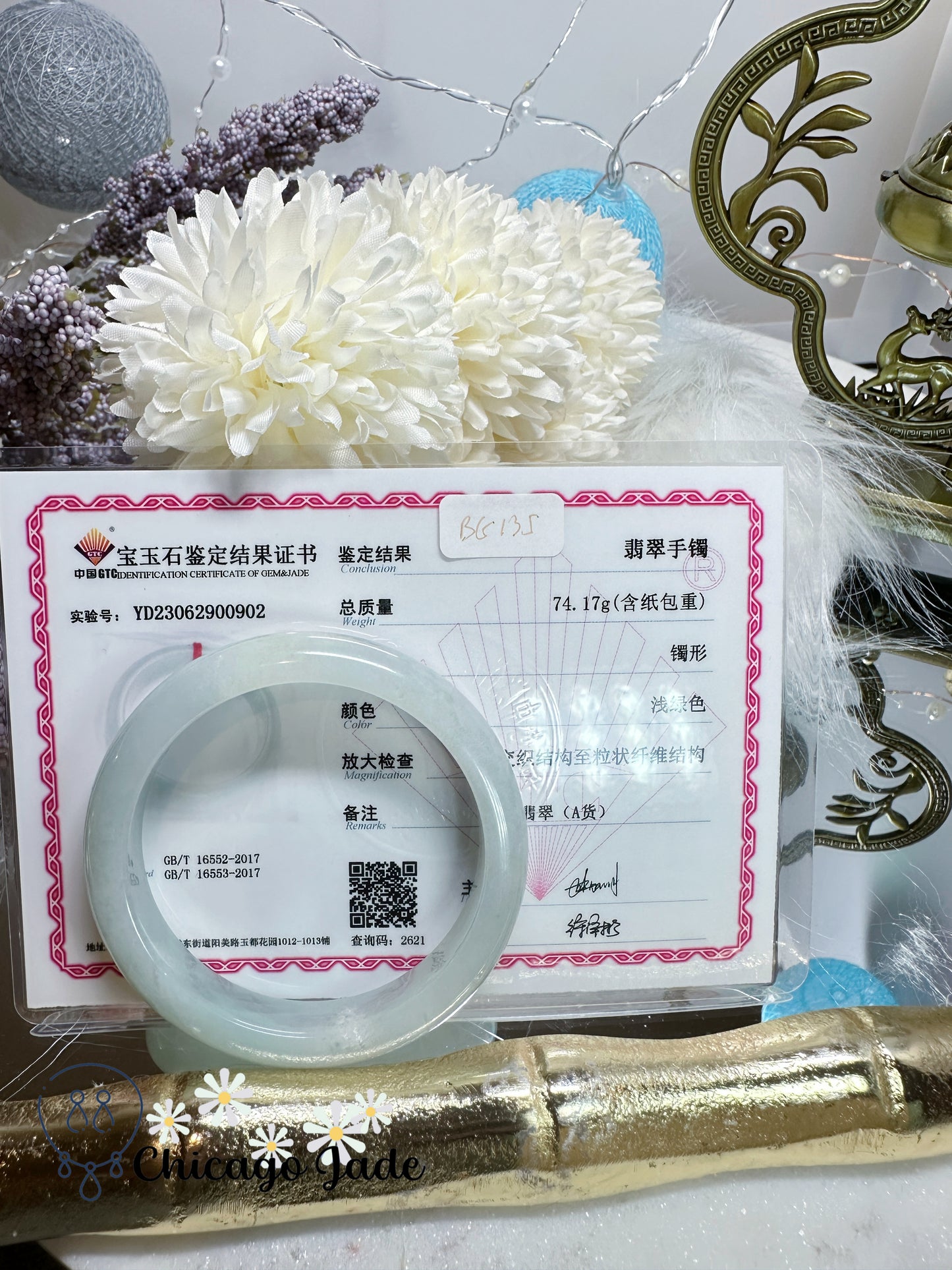 Moonlight white with a hint of grass green flat inside jadeite jade bangle natural untreated Grade A handmade Burma