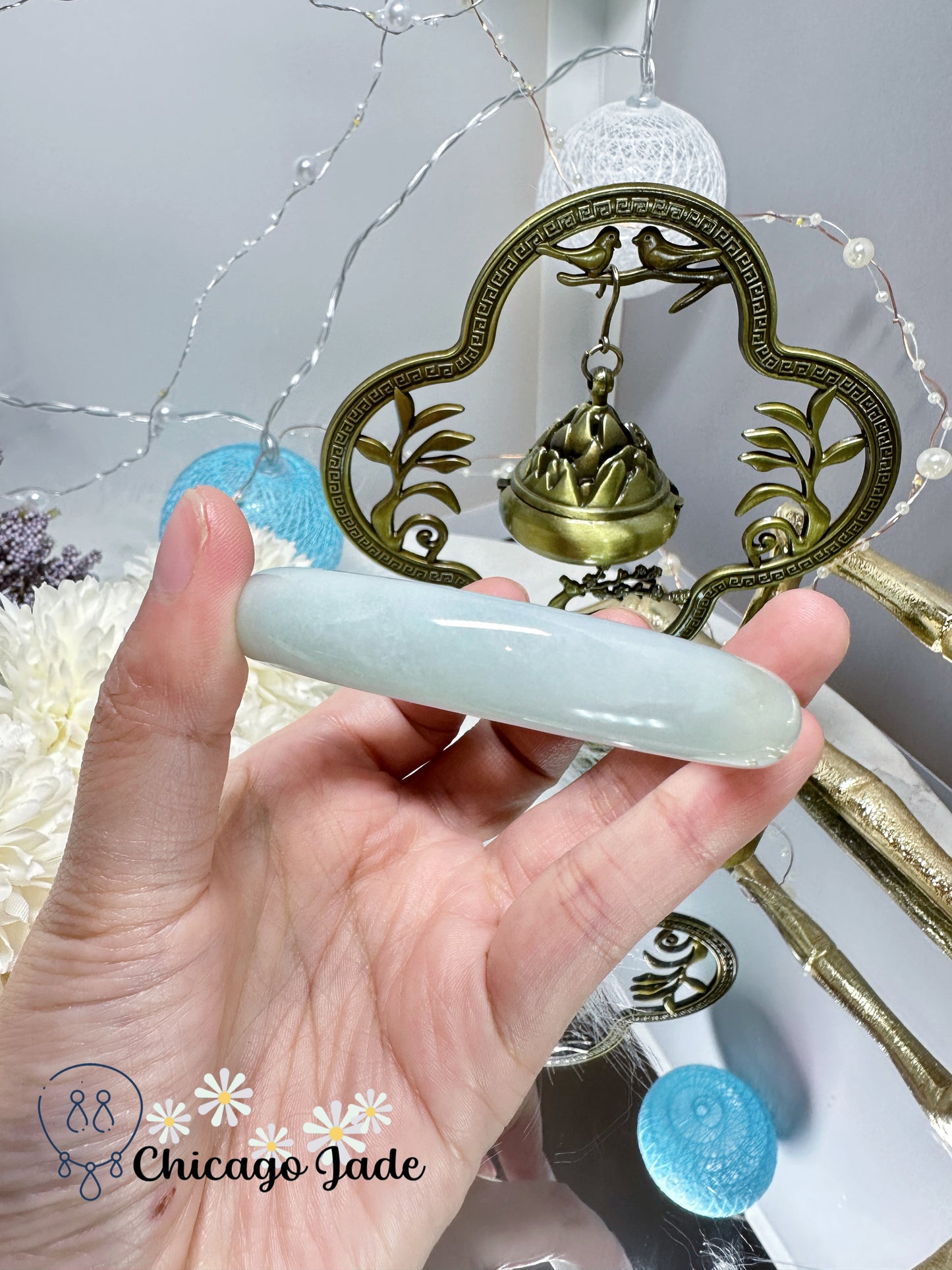 Moonlight white with a hint of grass green flat inside jadeite jade bangle natural untreated Grade A handmade Burma