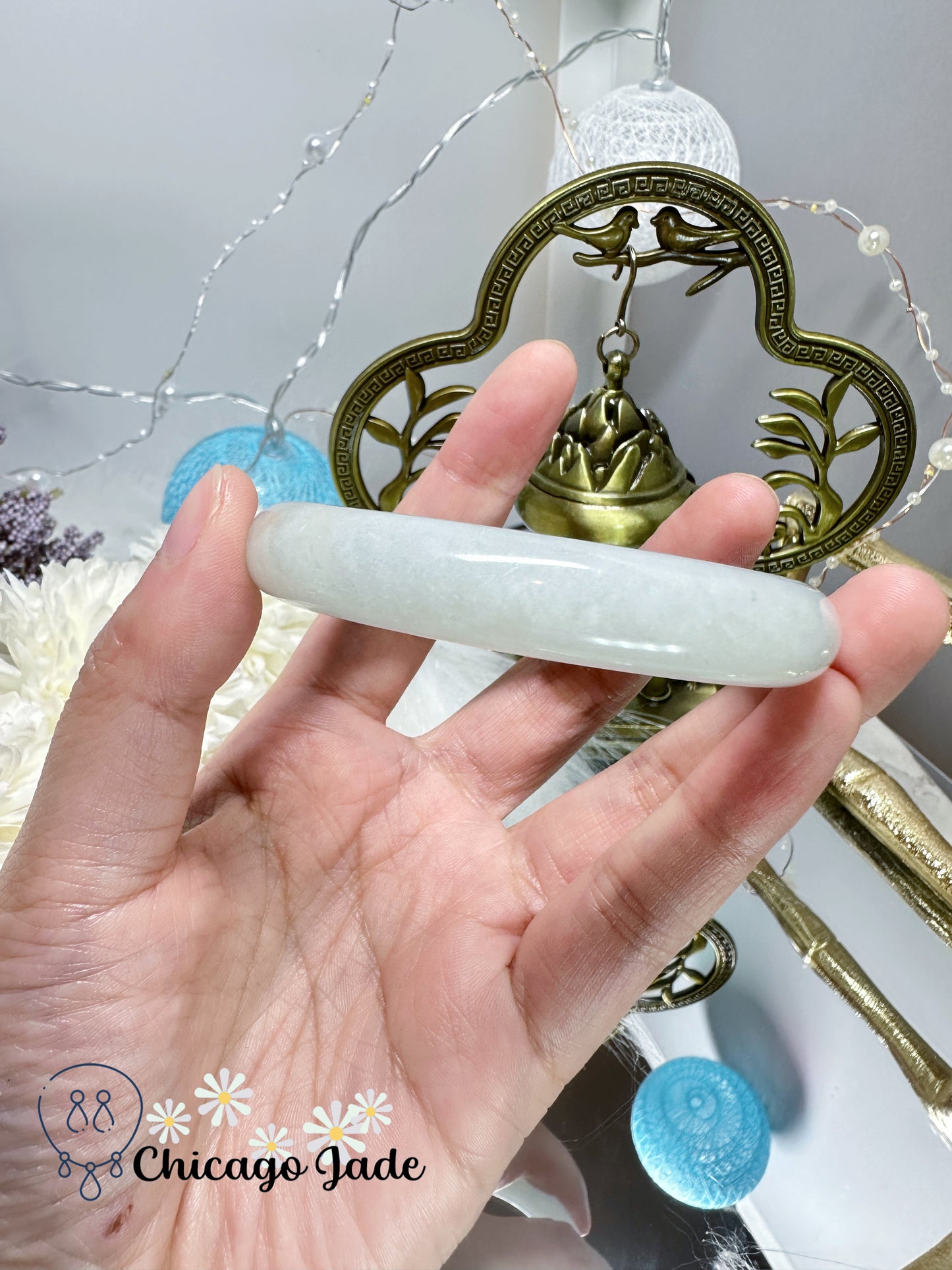 Moonlight white with a hint of grass green flat inside jadeite jade bangle natural untreated Grade A handmade Burma