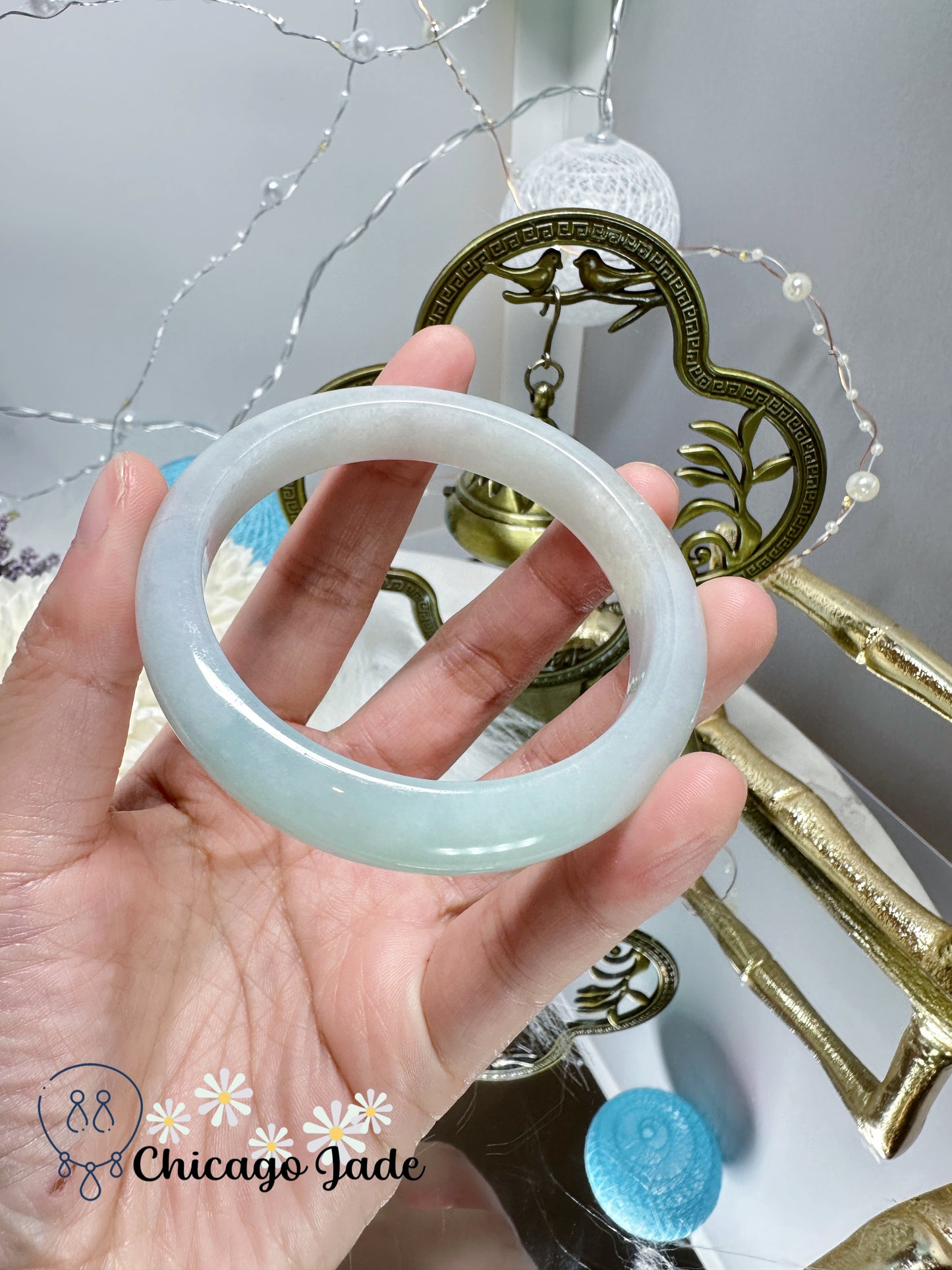 Moonlight white with a hint of grass green flat inside jadeite jade bangle natural untreated Grade A handmade Burma