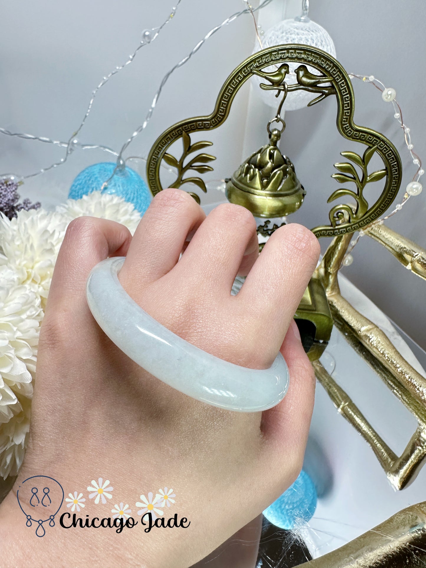 Moonlight white with a hint of grass green flat inside jadeite jade bangle natural untreated Grade A handmade Burma