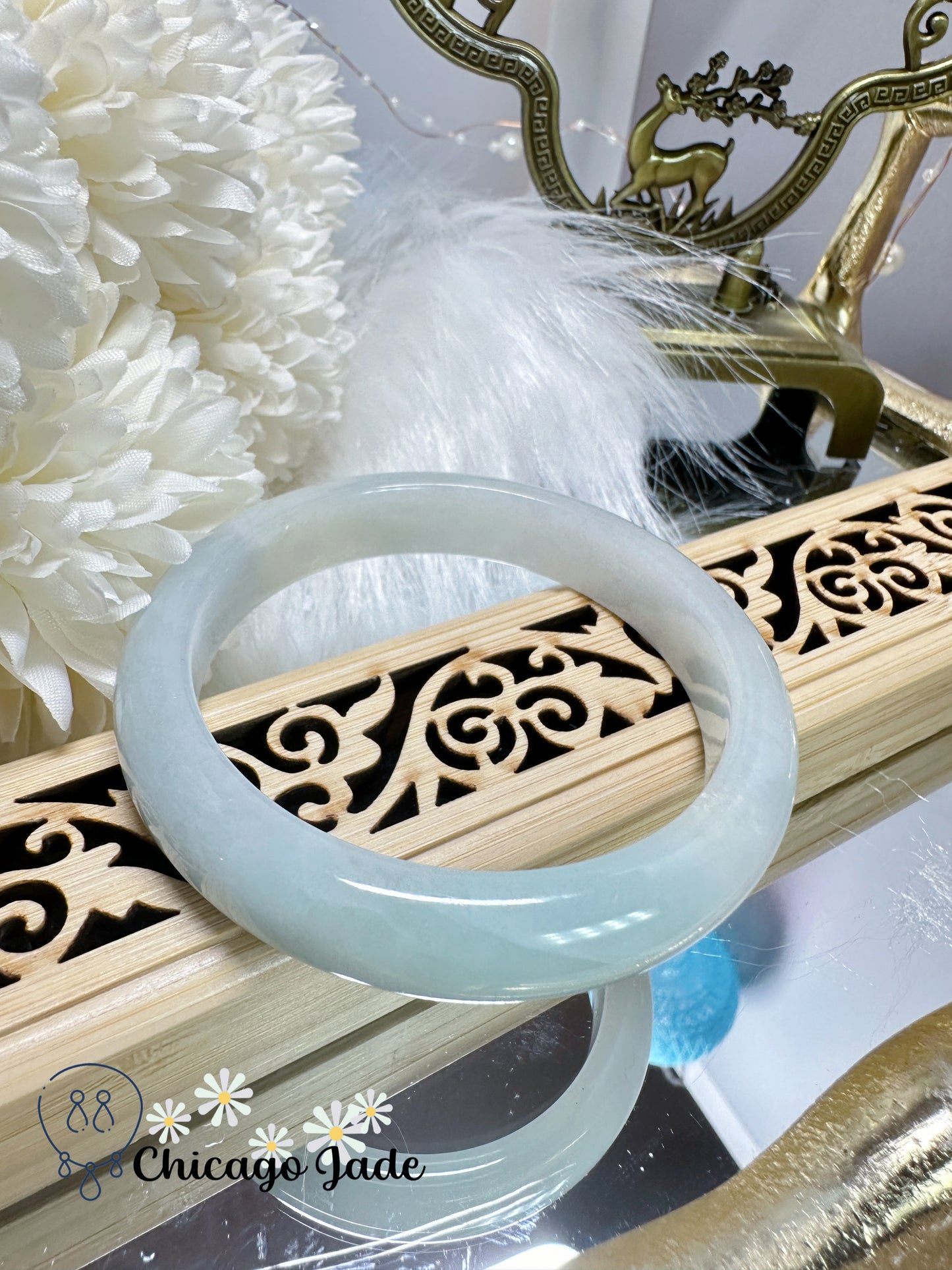 Moonlight white with a hint of grass green flat inside jadeite jade bangle natural untreated Grade A handmade Burma