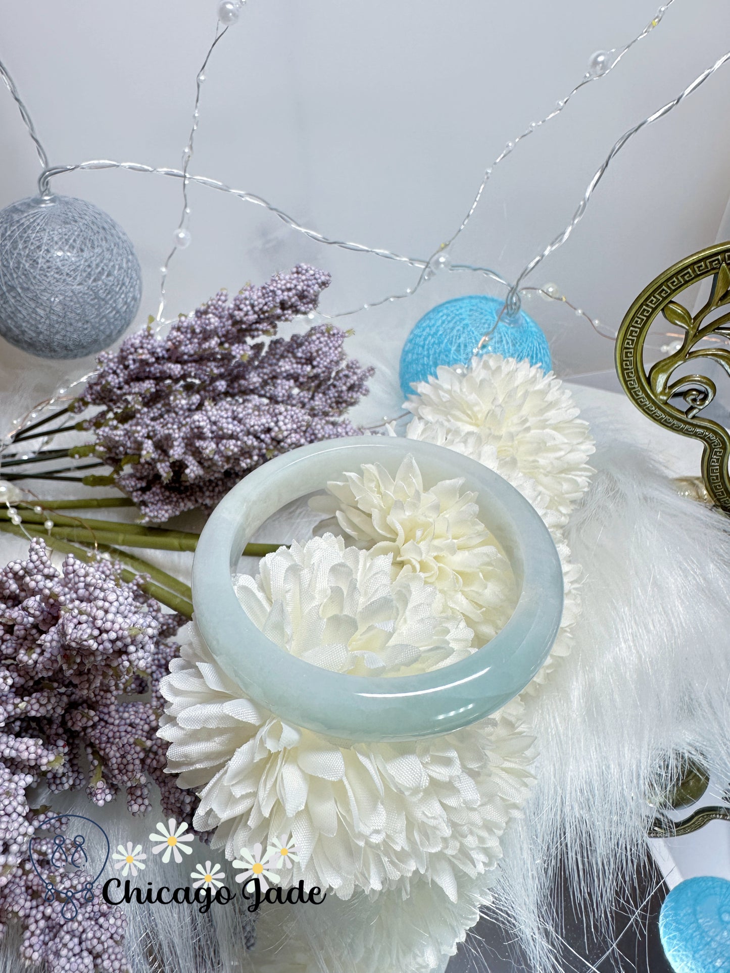 Moonlight white with a hint of grass green flat inside jadeite jade bangle natural untreated Grade A handmade Burma
