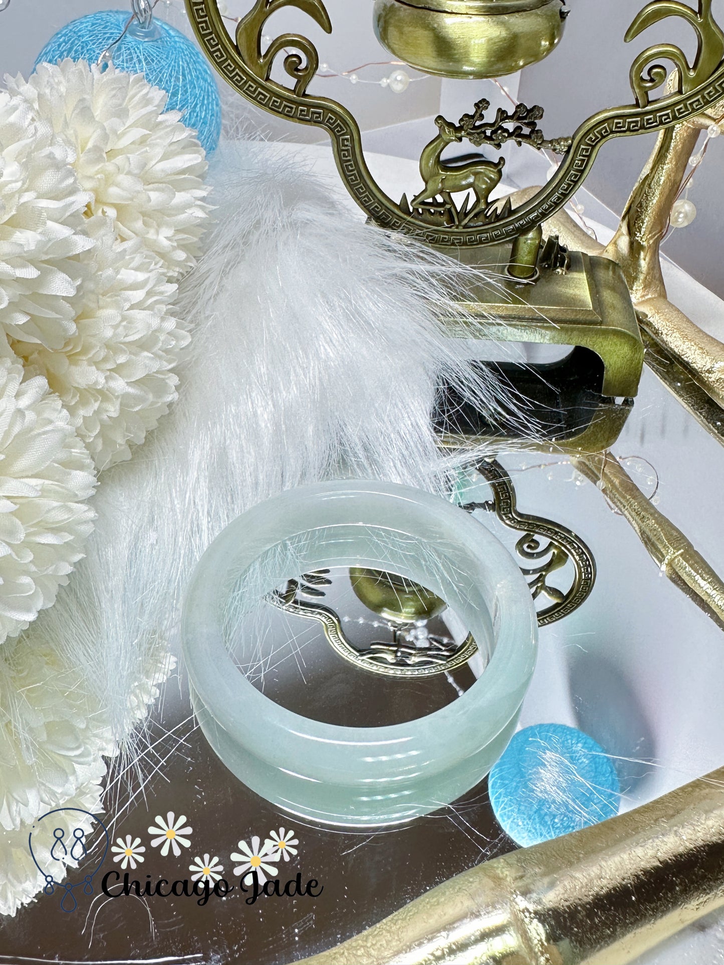 Moonlight white with a hint of grass green flat inside jadeite jade bangle natural untreated Grade A handmade Burma