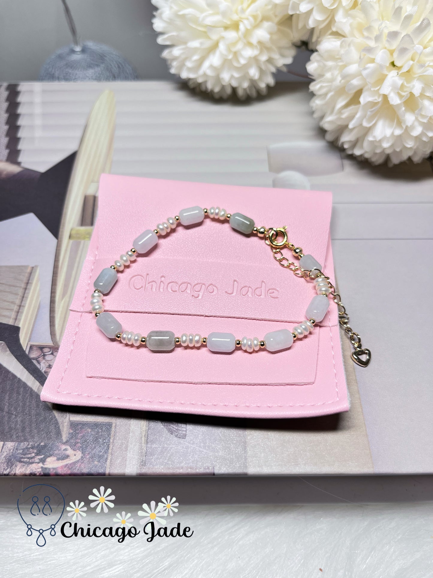 Dainty Minimalist Natural Grade A Authentic Untreated Jadeite Jade Feicui with Freshwater Pearls Handmade Bracelet