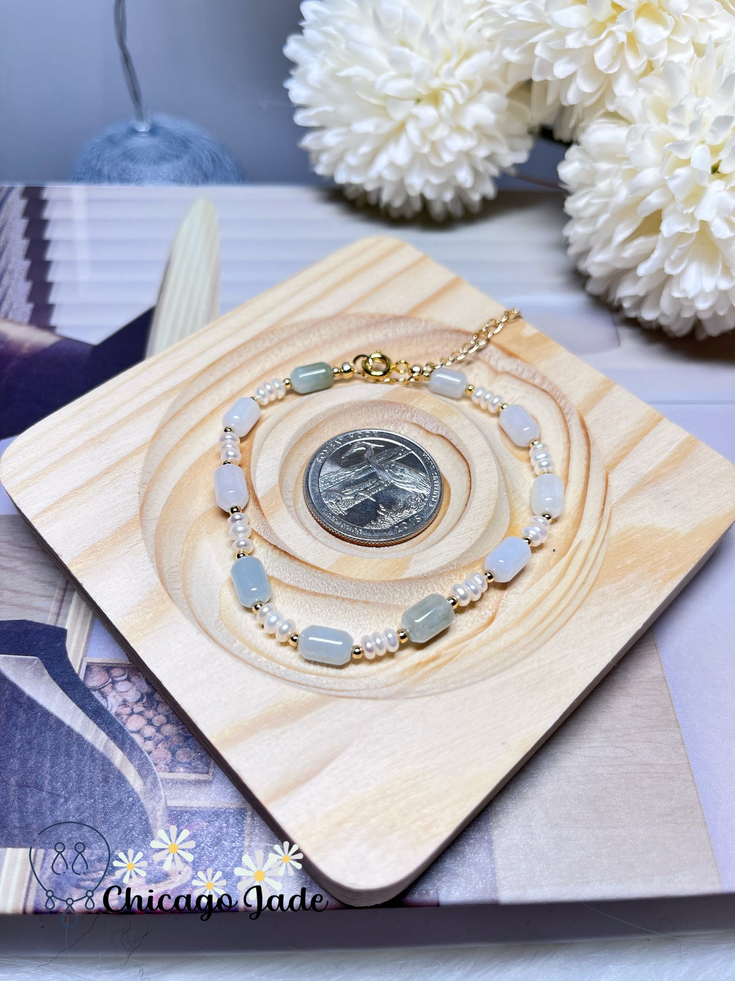 Dainty Minimalist Natural Grade A Authentic Untreated Jadeite Jade Feicui with Freshwater Pearls Handmade Bracelet