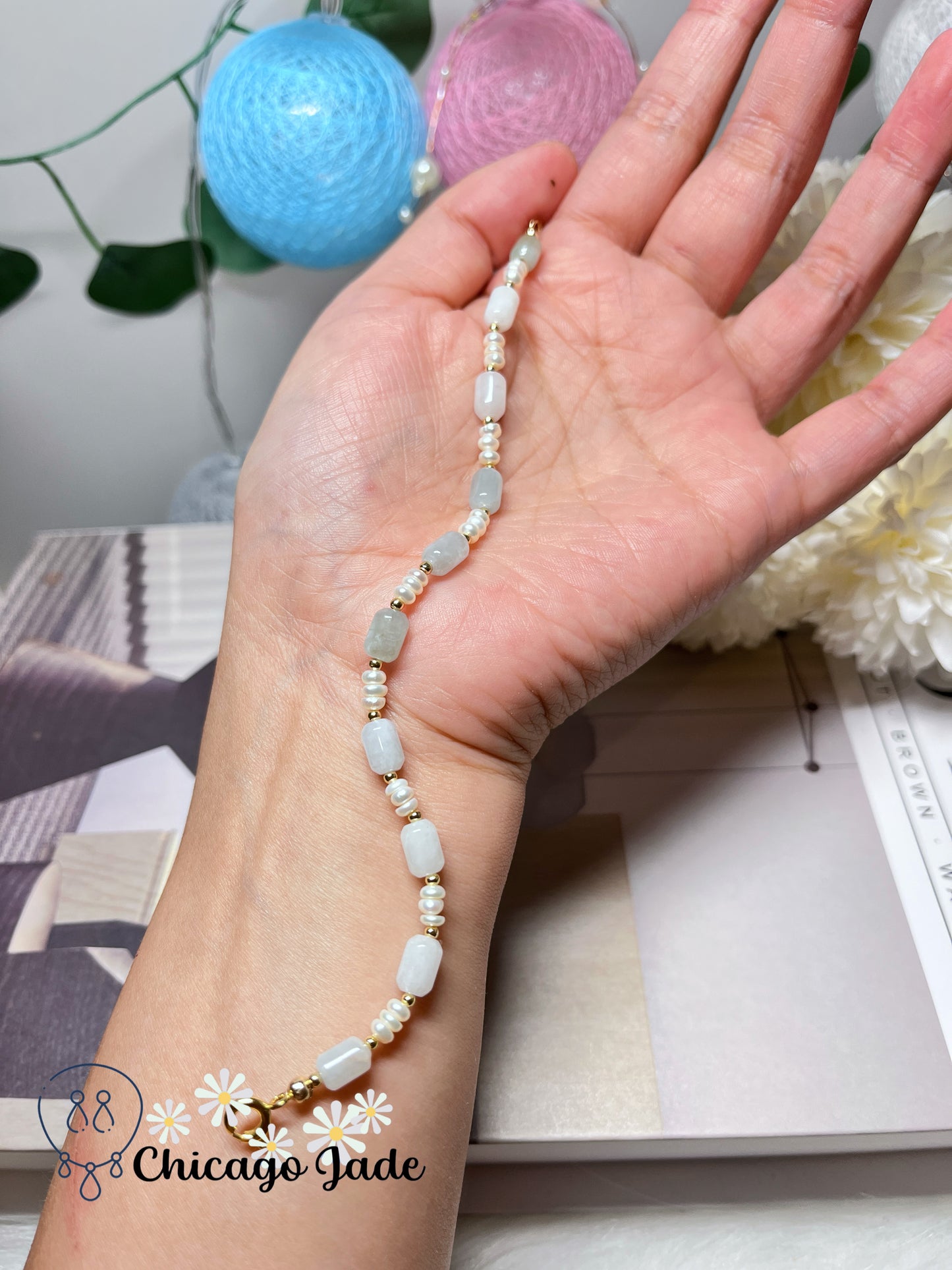Dainty Minimalist Natural Grade A Authentic Untreated Jadeite Jade Feicui with Freshwater Pearls Handmade Bracelet