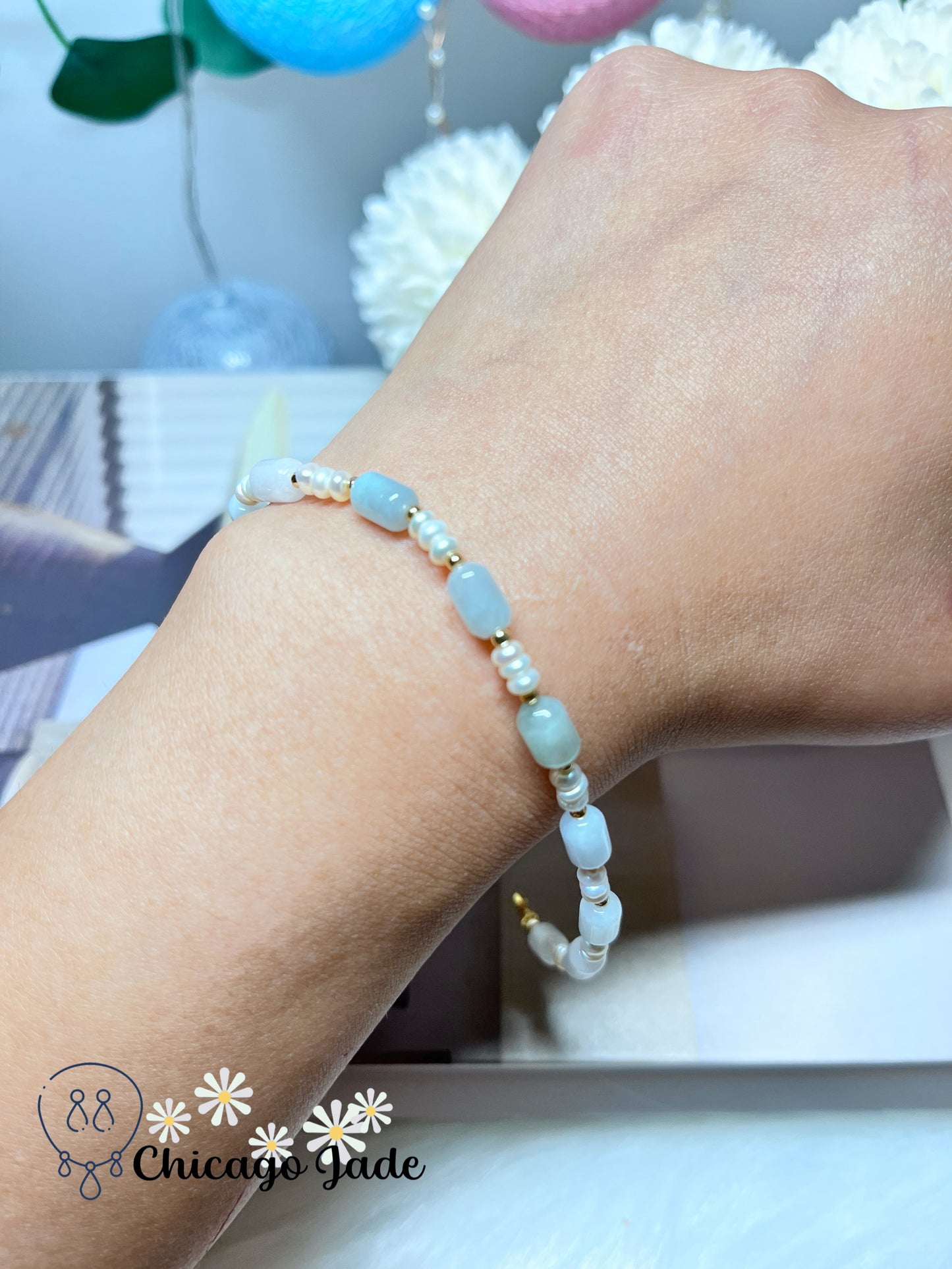 Dainty Minimalist Natural Grade A Authentic Untreated Jadeite Jade Feicui with Freshwater Pearls Handmade Bracelet