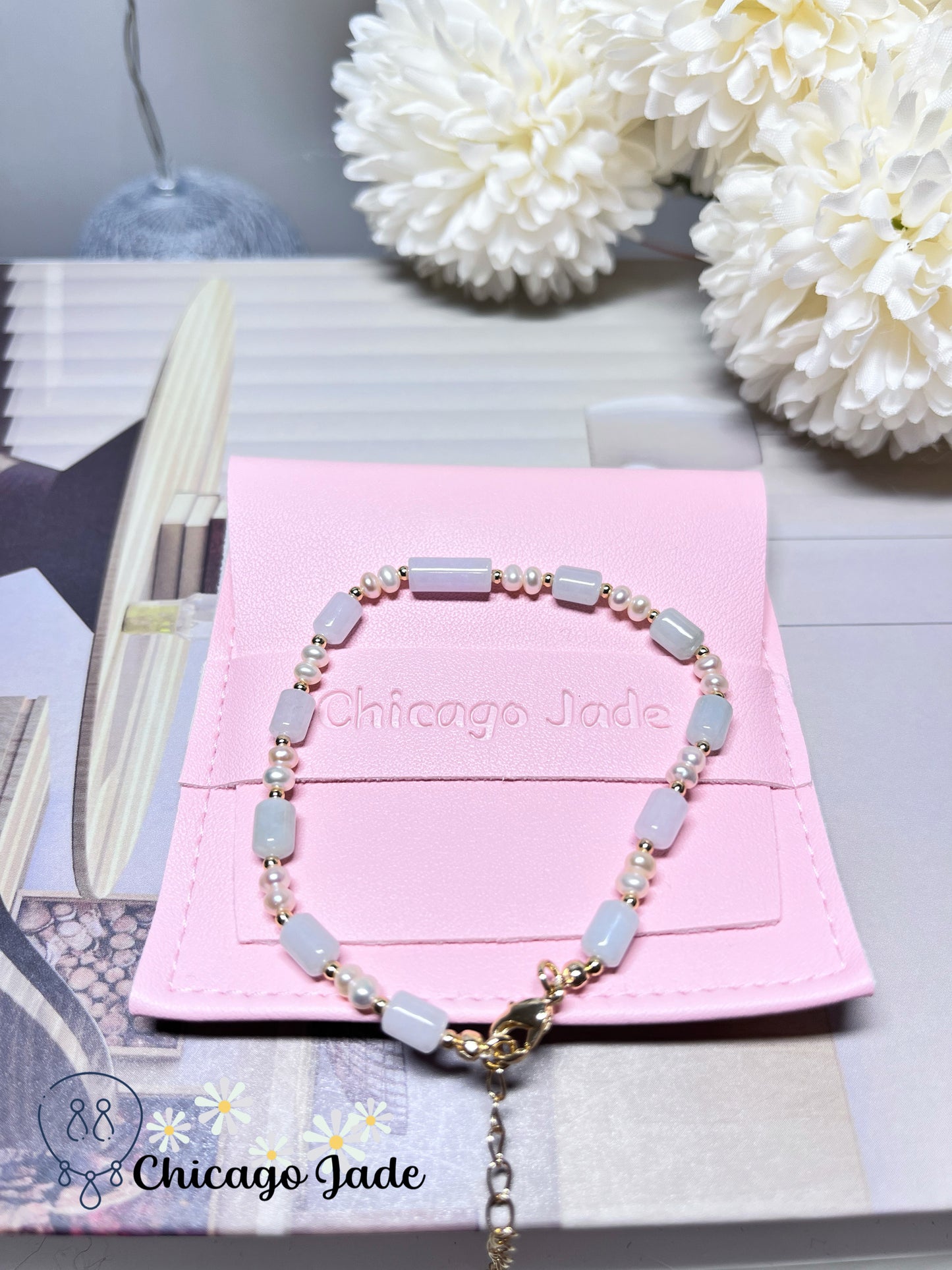 Dainty Minimalist Elegant Natural Grade A Authentic Untreated Burma Jadeite Jade Feicui with Freshwater Pearls Handmade Bracelet