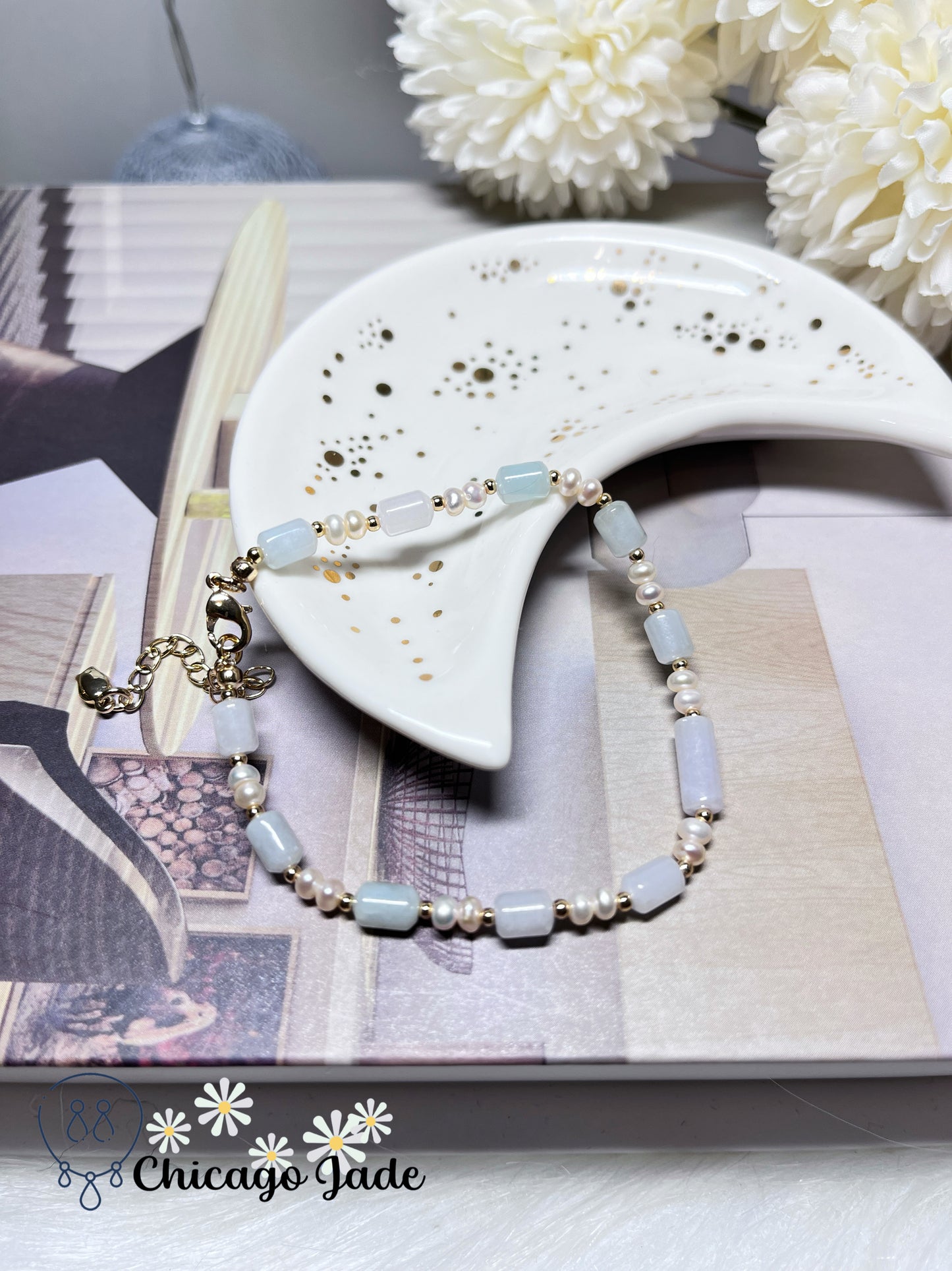 Dainty Minimalist Elegant Natural Grade A Authentic Untreated Burma Jadeite Jade Feicui with Freshwater Pearls Handmade Bracelet