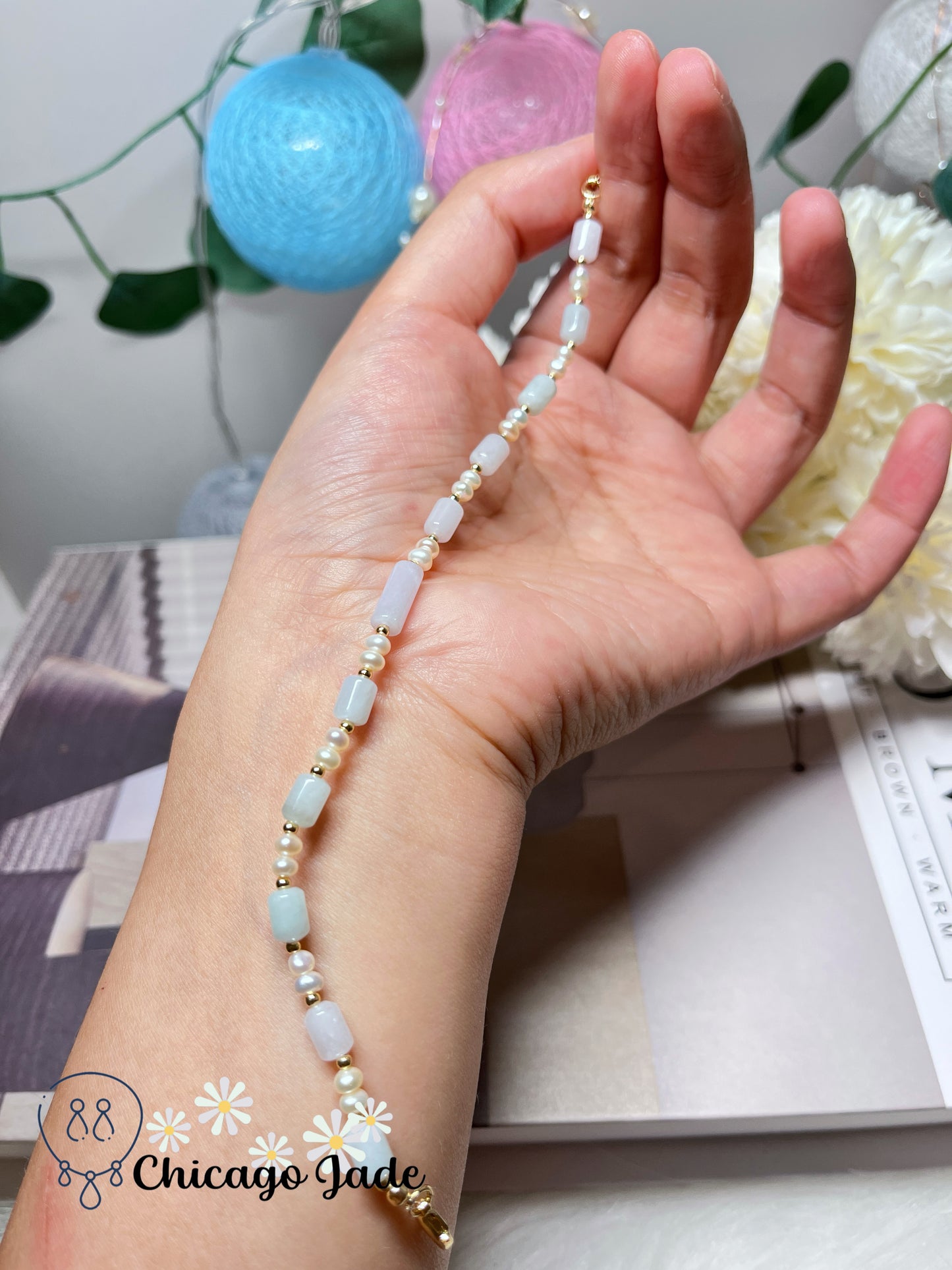 Dainty Minimalist Elegant Natural Grade A Authentic Untreated Burma Jadeite Jade Feicui with Freshwater Pearls Handmade Bracelet