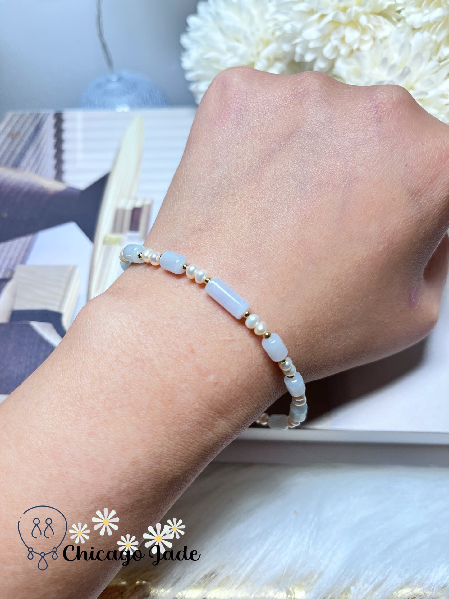 Dainty Minimalist Elegant Natural Grade A Authentic Untreated Burma Jadeite Jade Feicui with Freshwater Pearls Handmade Bracelet