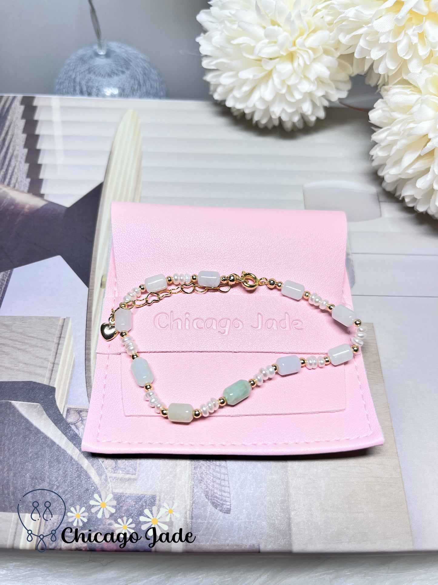 Dainty Minimalist Elegant Natural Grade A Untreated Burma Jadeite Jade Feicui with Freshwater Pearls Handmade Gift