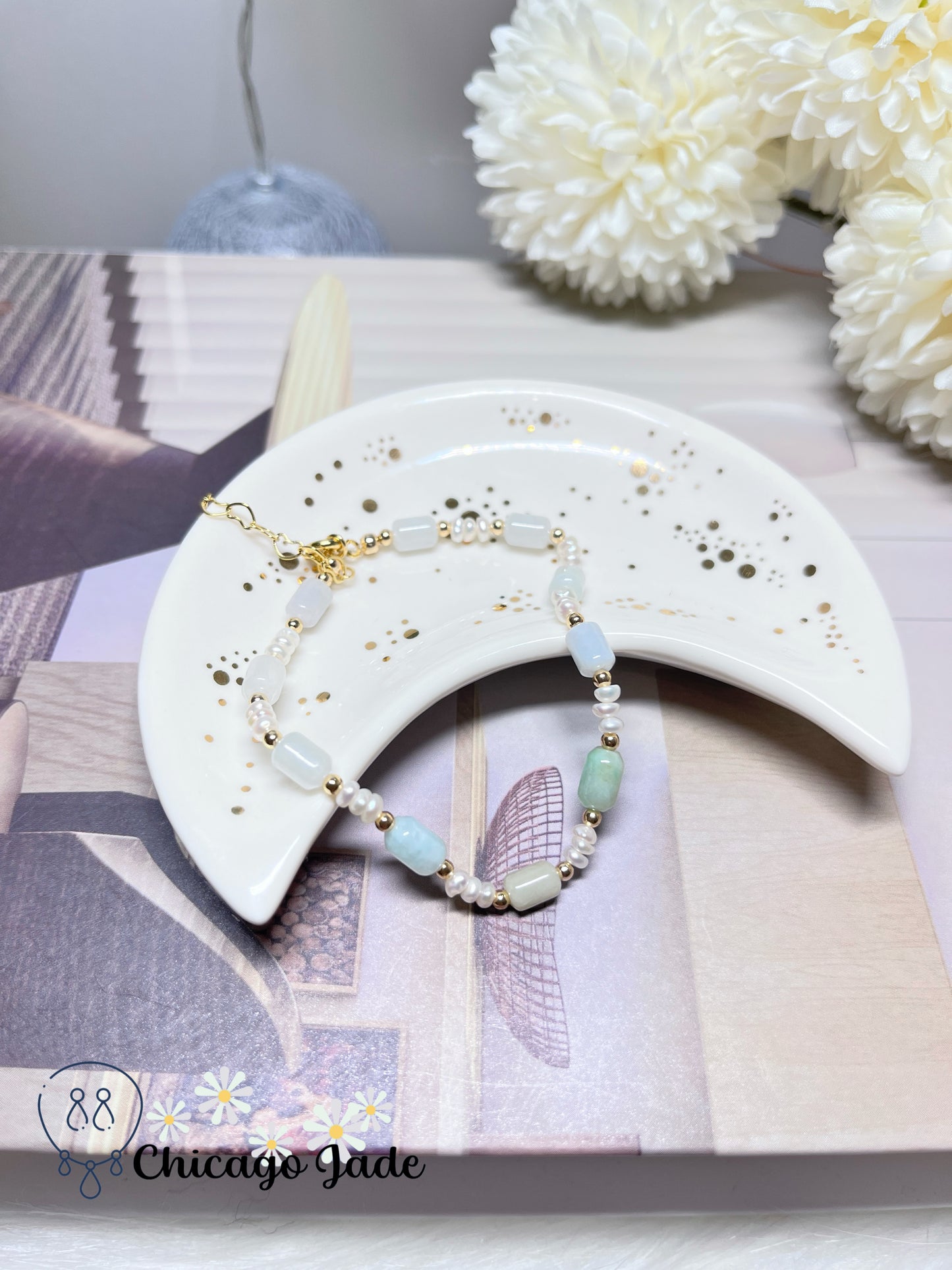 Dainty Minimalist Elegant Natural Grade A Untreated Burma Jadeite Jade Feicui with Freshwater Pearls Handmade Gift