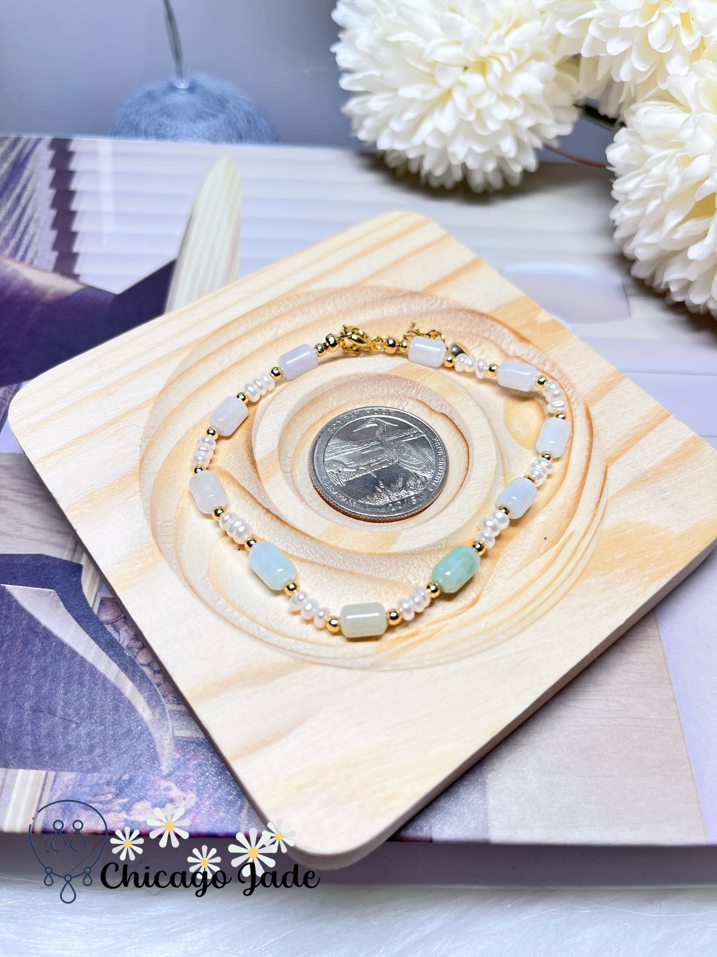 Dainty Minimalist Elegant Natural Grade A Untreated Burma Jadeite Jade Feicui with Freshwater Pearls Handmade Gift