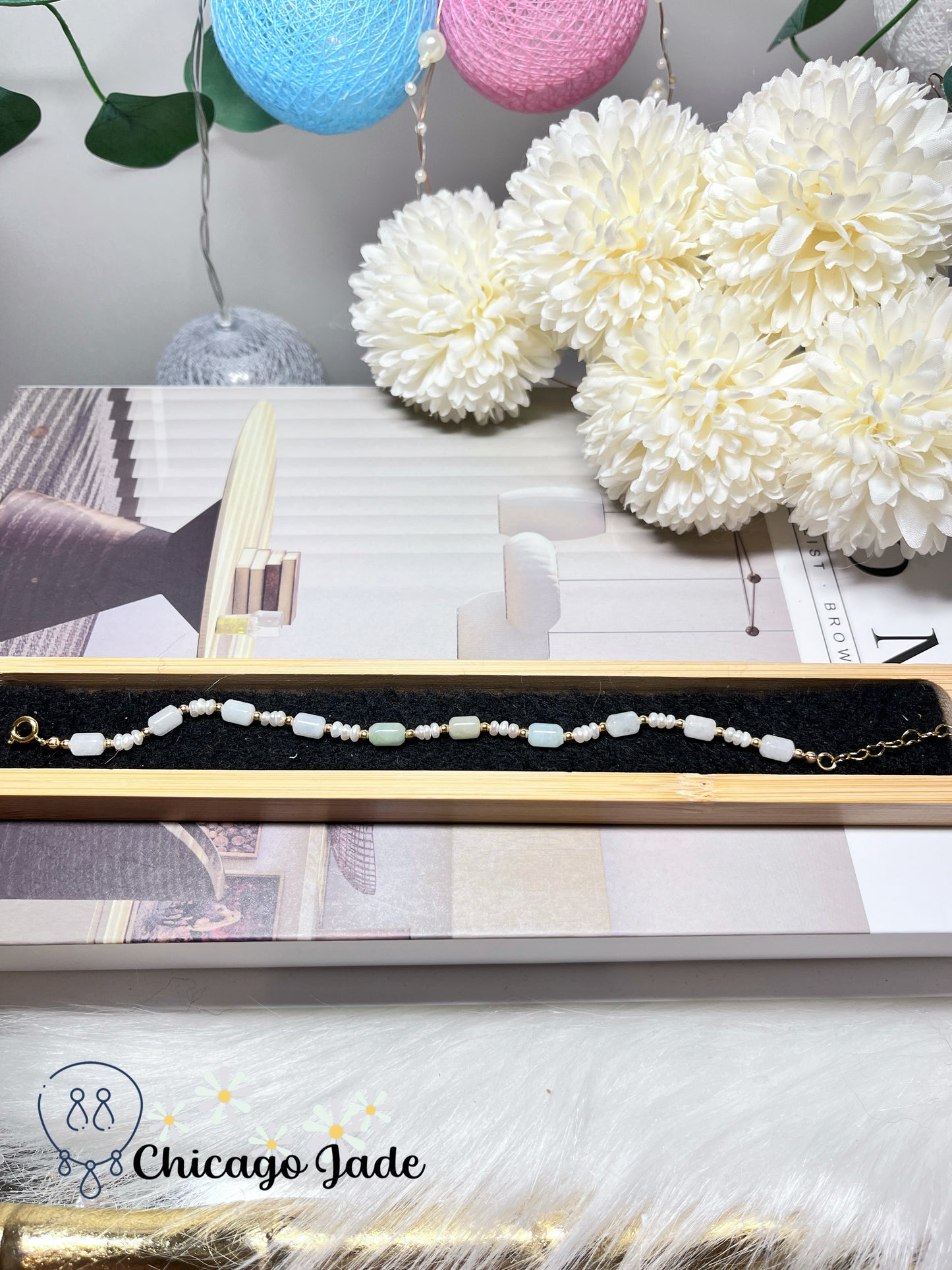 Dainty Minimalist Elegant Natural Grade A Untreated Burma Jadeite Jade Feicui with Freshwater Pearls Handmade Gift