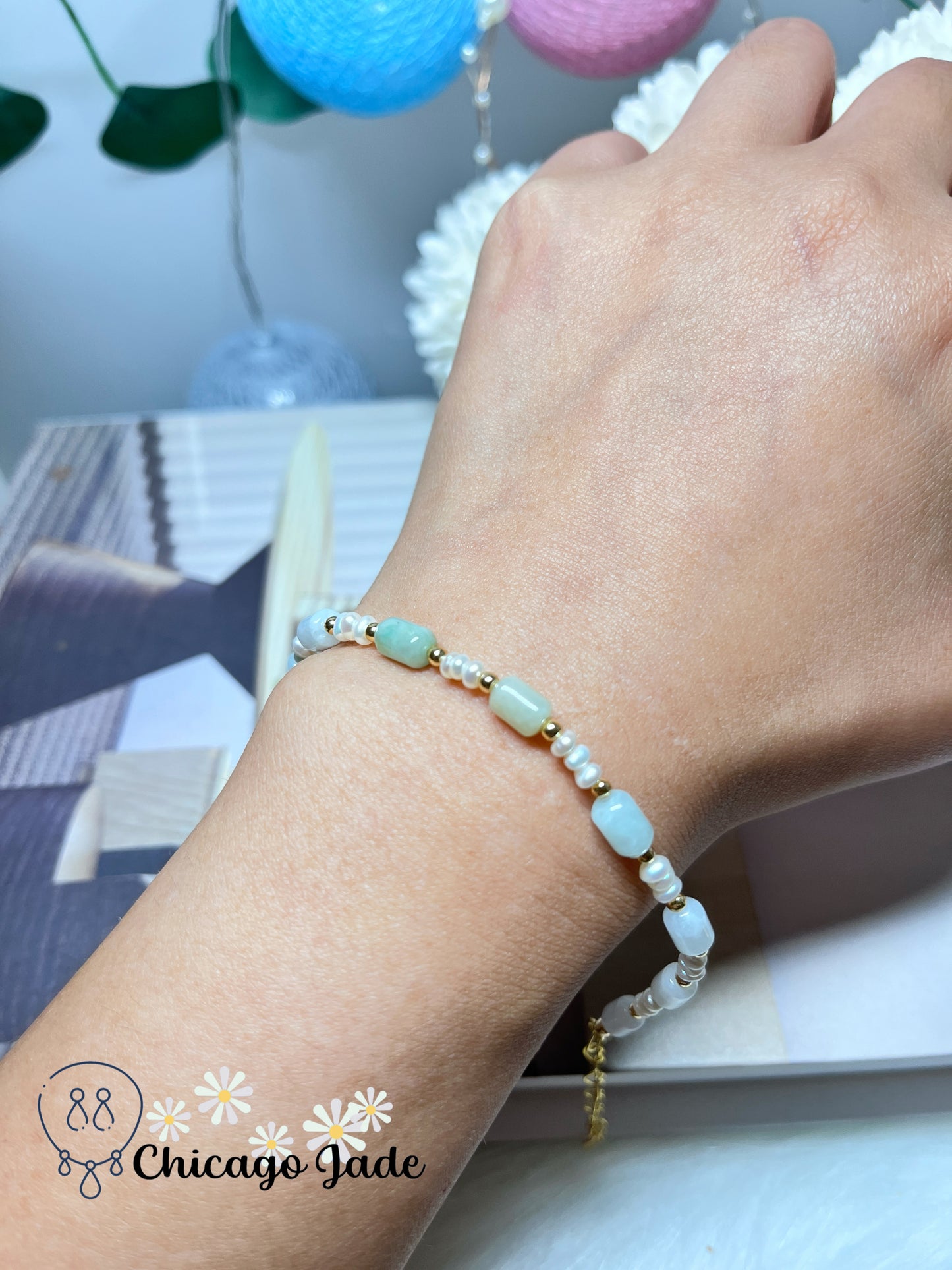 Dainty Minimalist Elegant Natural Grade A Untreated Burma Jadeite Jade Feicui with Freshwater Pearls Handmade Gift