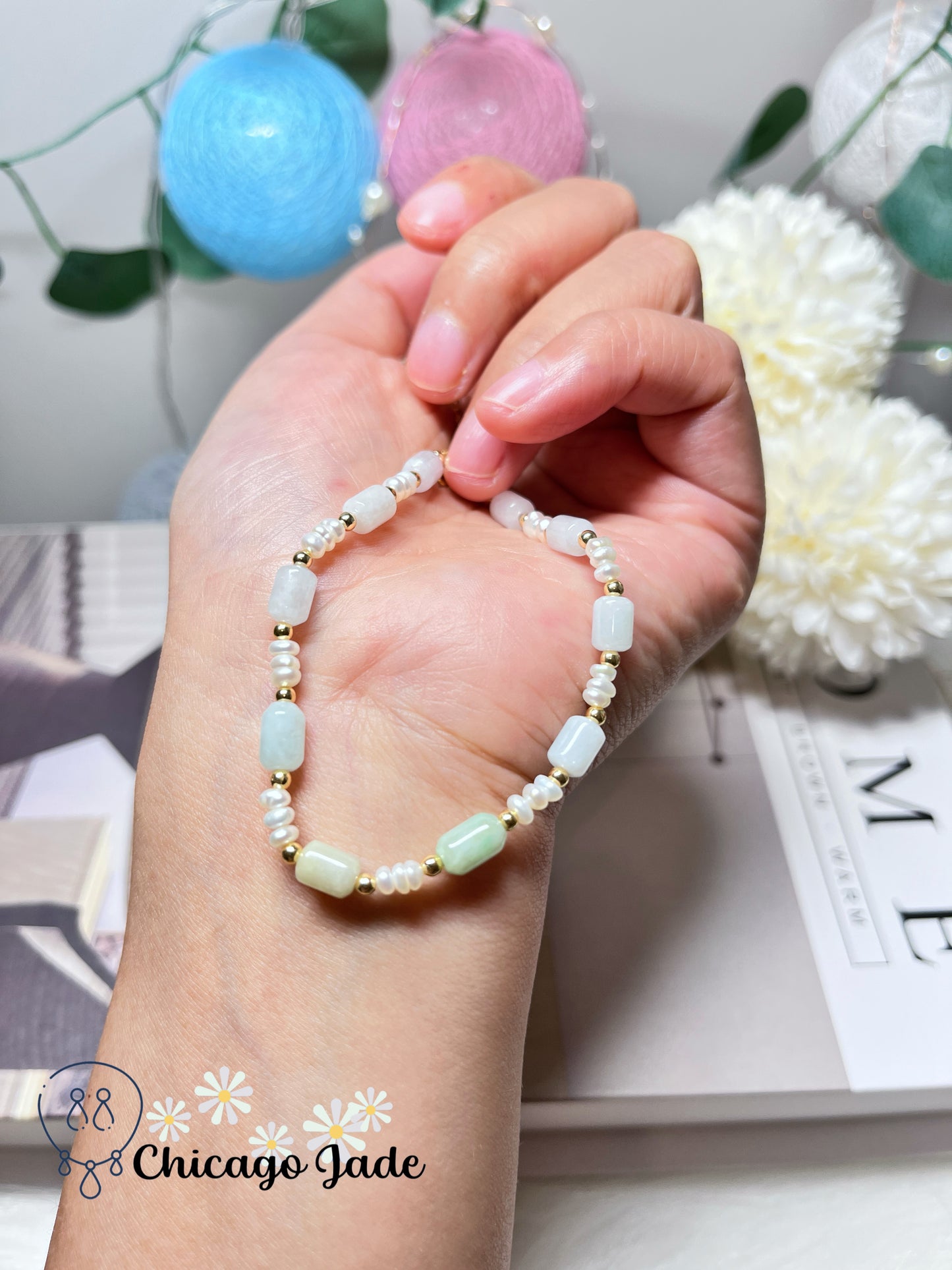 Dainty Minimalist Elegant Natural Grade A Untreated Burma Jadeite Jade Feicui with Freshwater Pearls Handmade Gift