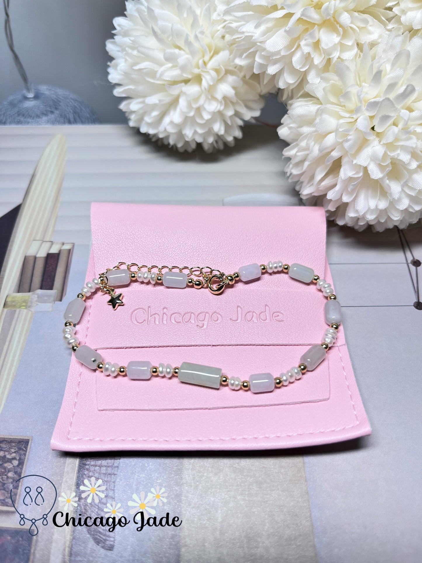 Dainty Minimalist Elegant Natural Grade A Untreated Burma Jadeite Jade Feicui with Freshwater Pearl Bracelet Handmade Gift