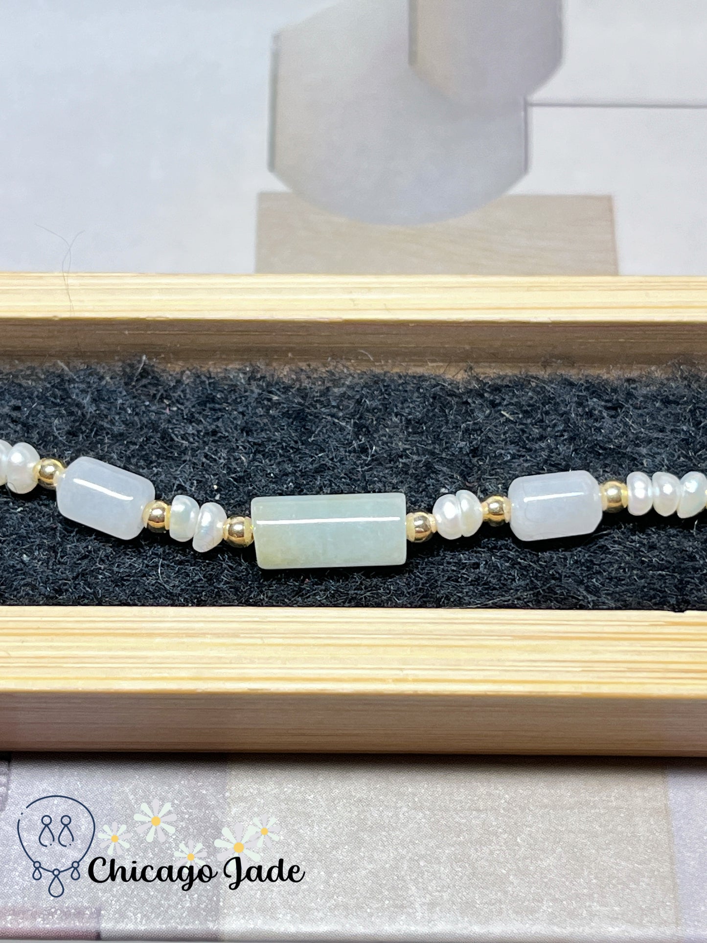 Dainty Minimalist Elegant Natural Grade A Untreated Burma Jadeite Jade Feicui with Freshwater Pearl Bracelet Handmade Gift