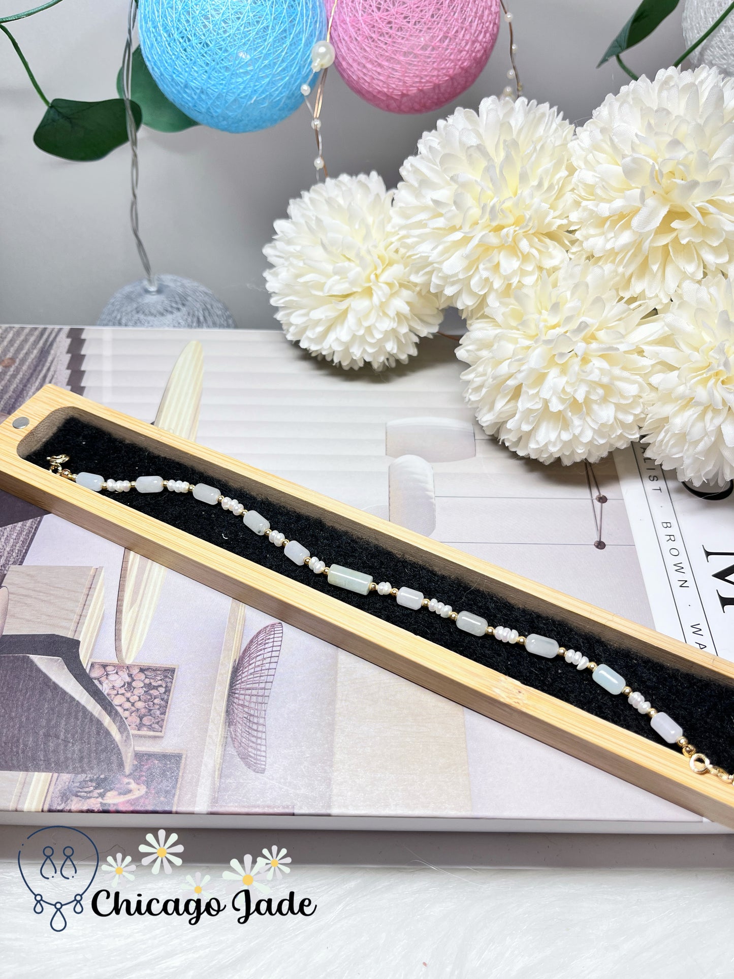 Dainty Minimalist Elegant Natural Grade A Untreated Burma Jadeite Jade Feicui with Freshwater Pearl Bracelet Handmade Gift
