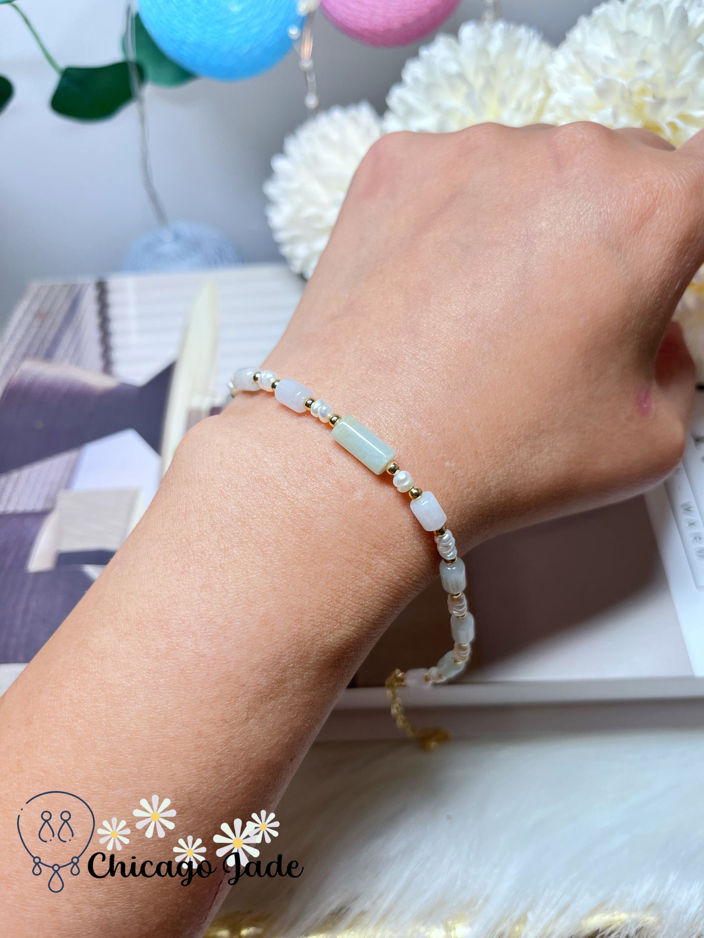 Dainty Minimalist Elegant Natural Grade A Untreated Burma Jadeite Jade Feicui with Freshwater Pearl Bracelet Handmade Gift