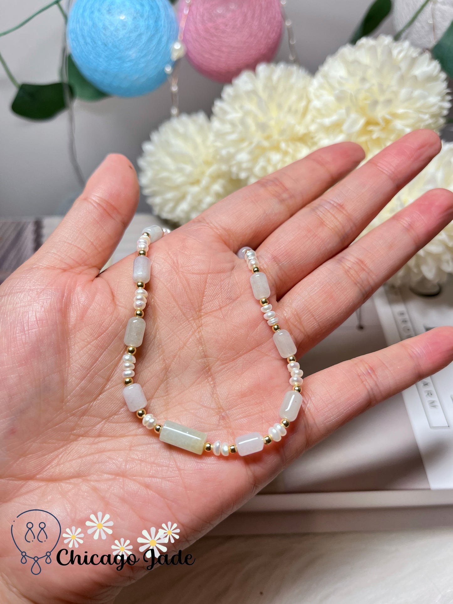 Dainty Minimalist Elegant Natural Grade A Untreated Burma Jadeite Jade Feicui with Freshwater Pearl Bracelet Handmade Gift