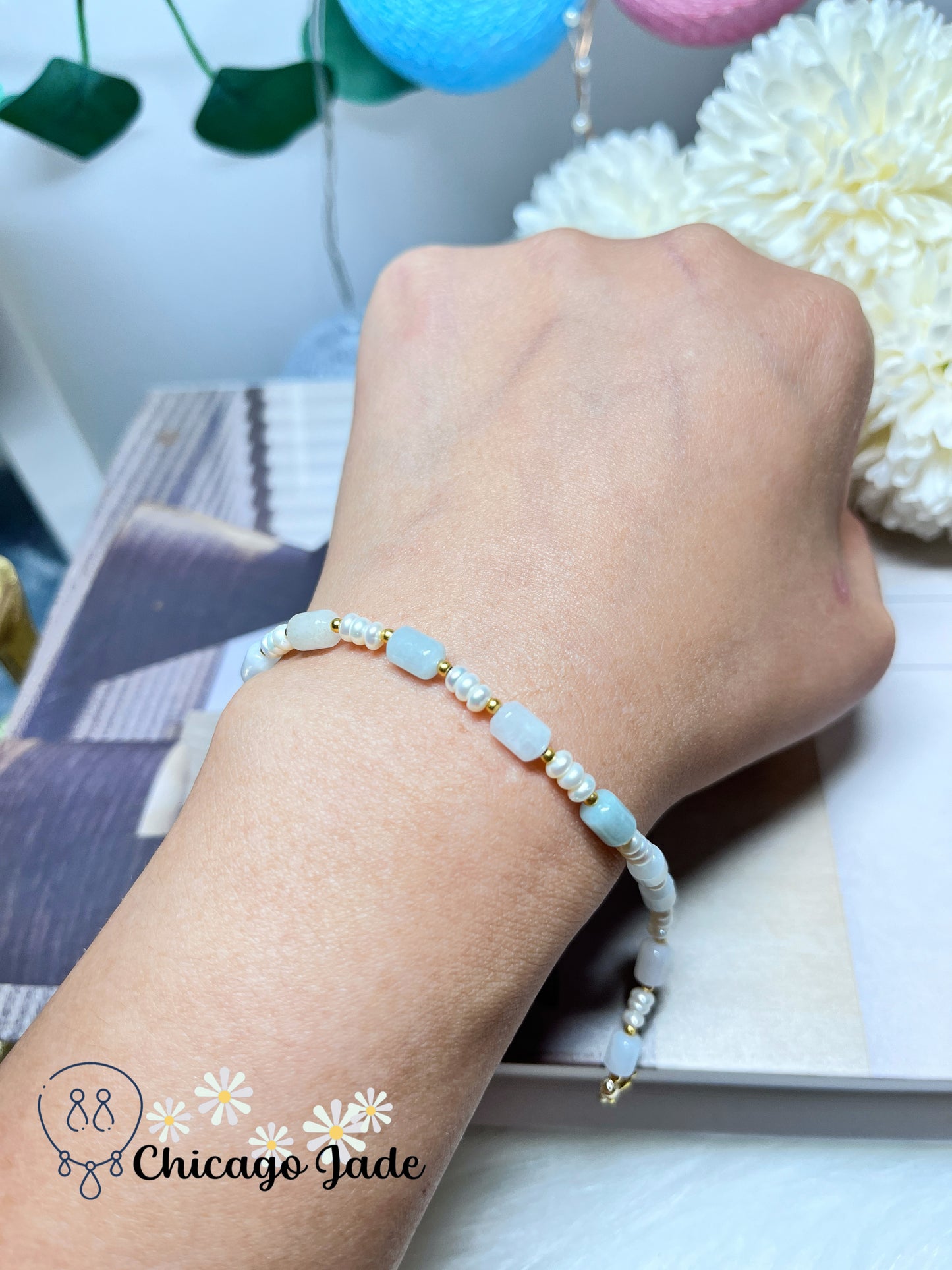 Dainty Elegant Minimalist Natural Grade A Authentic Jadeite Jade Feicui with Freshwater Pearl Handmade Bracelet
