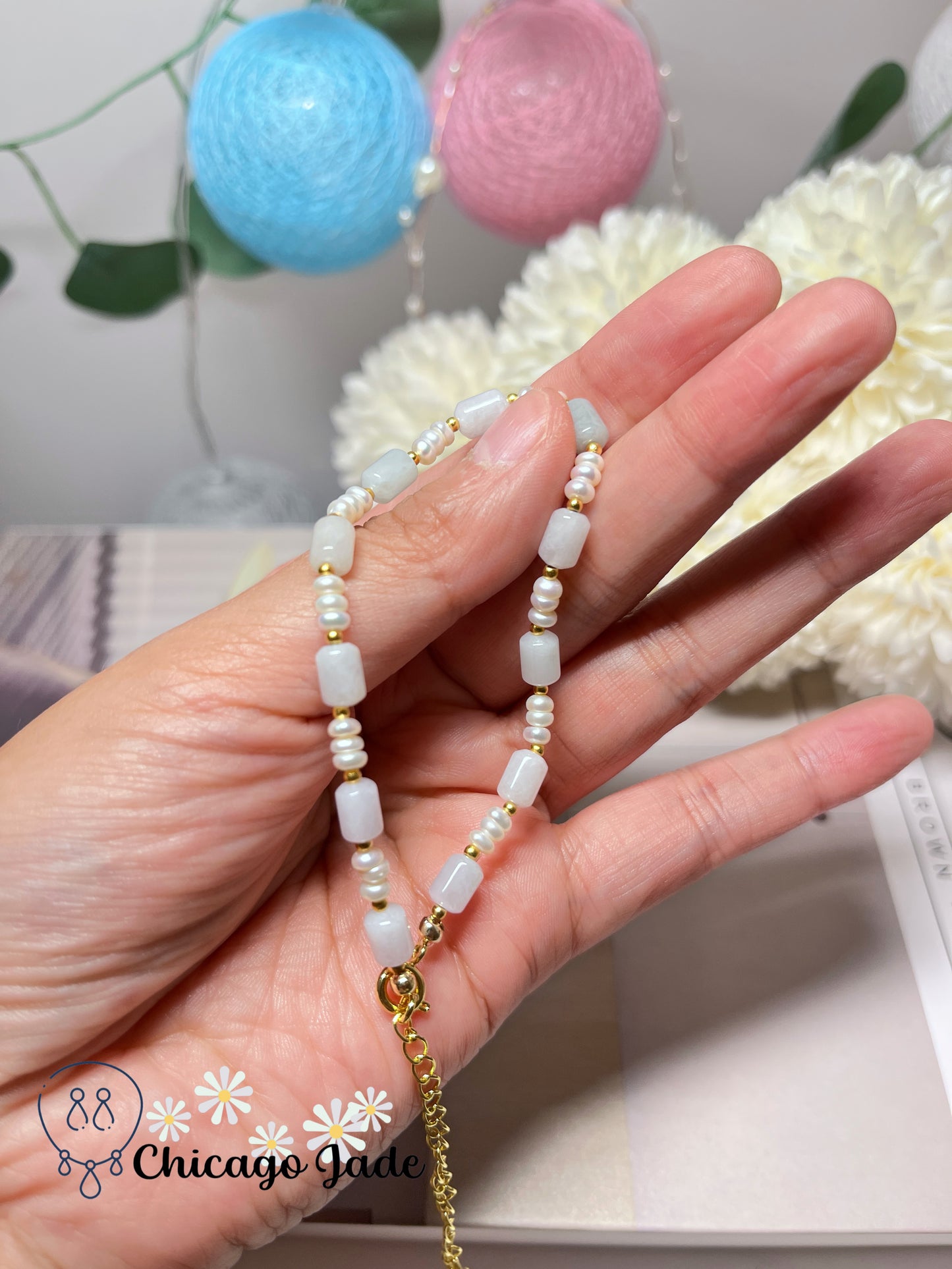 Dainty Elegant Minimalist Natural Grade A Authentic Jadeite Jade Feicui with Freshwater Pearl Handmade Bracelet