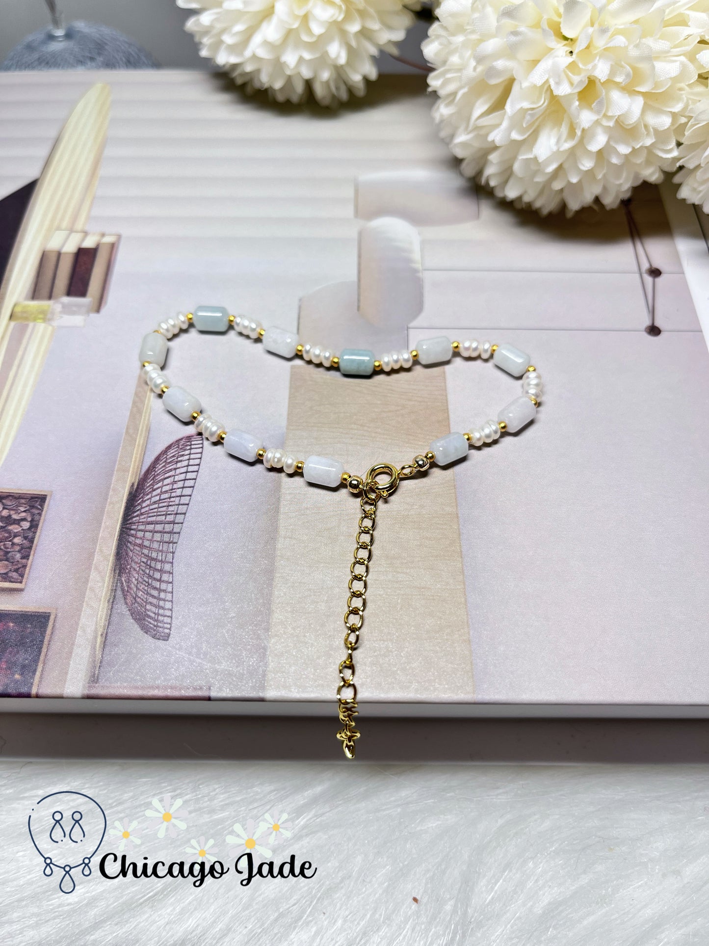 Dainty Elegant Minimalist Natural Grade A Authentic Jadeite Jade Feicui with Freshwater Pearl Handmade Bracelet