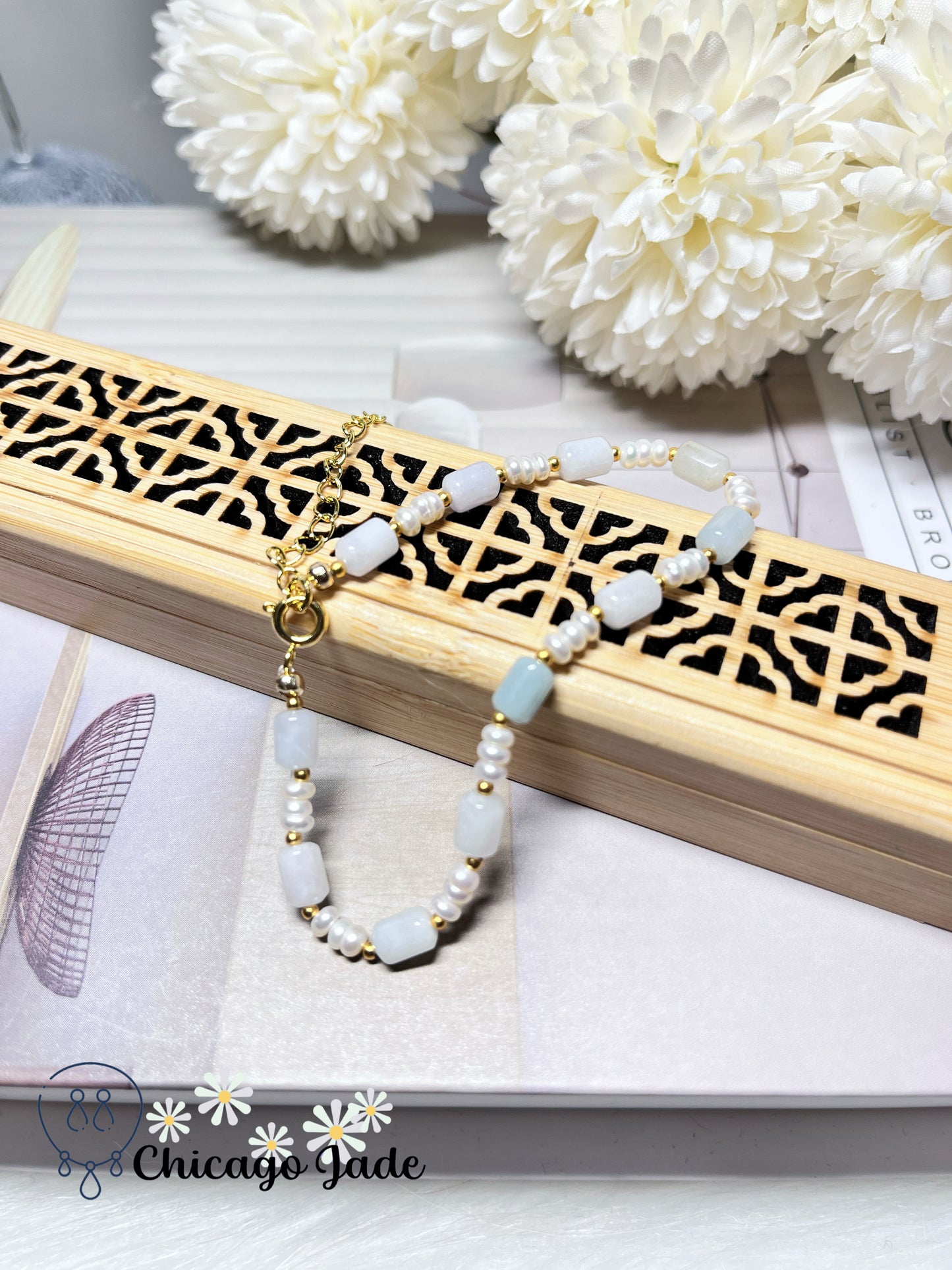 Dainty Elegant Minimalist Natural Grade A Authentic Jadeite Jade Feicui with Freshwater Pearl Handmade Bracelet