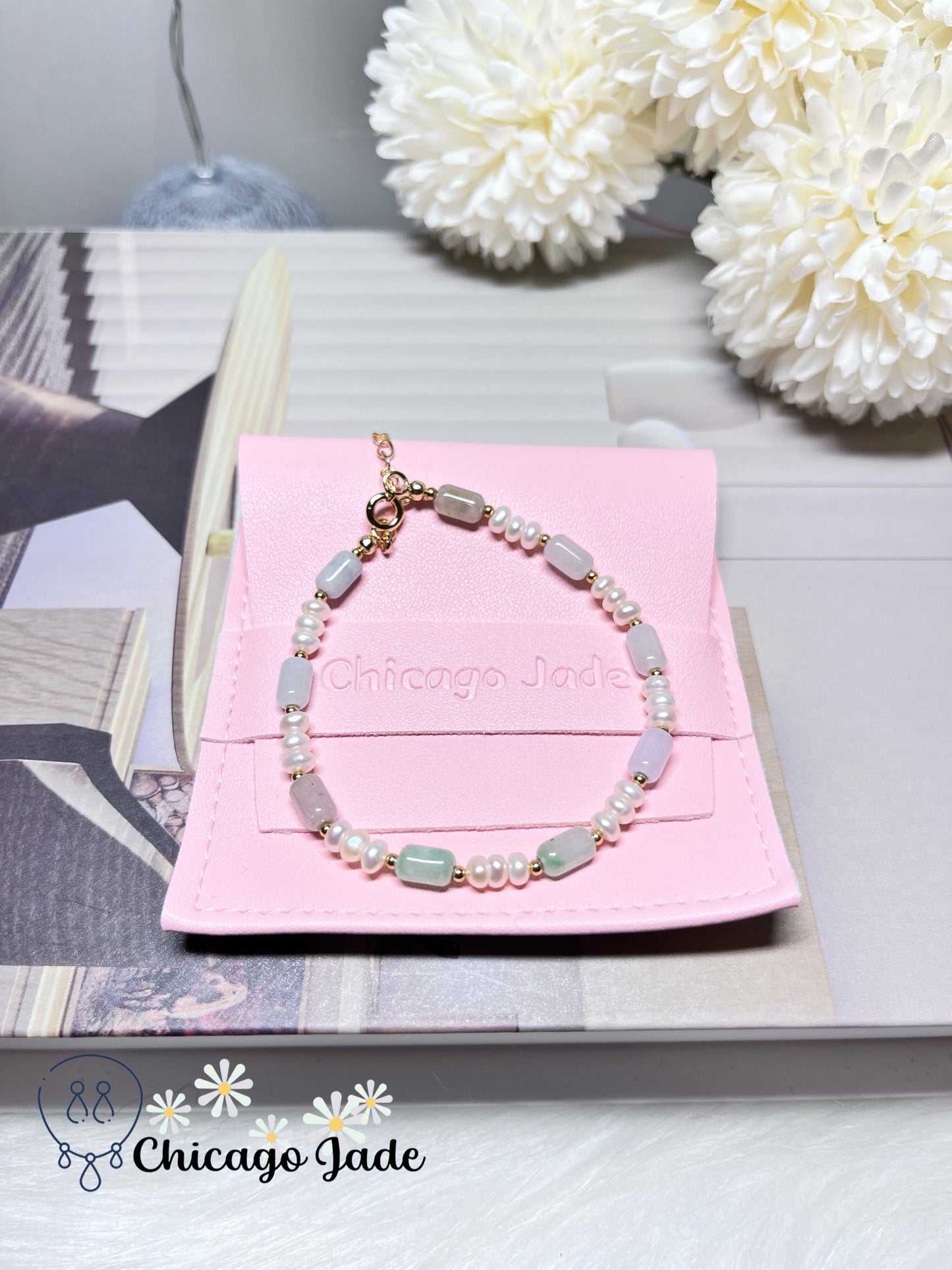 Natural Freshwater Pearls with Natural Untreated Grade A Barrel Shaped Jadeite Jade Feicui Beaded Bracelet