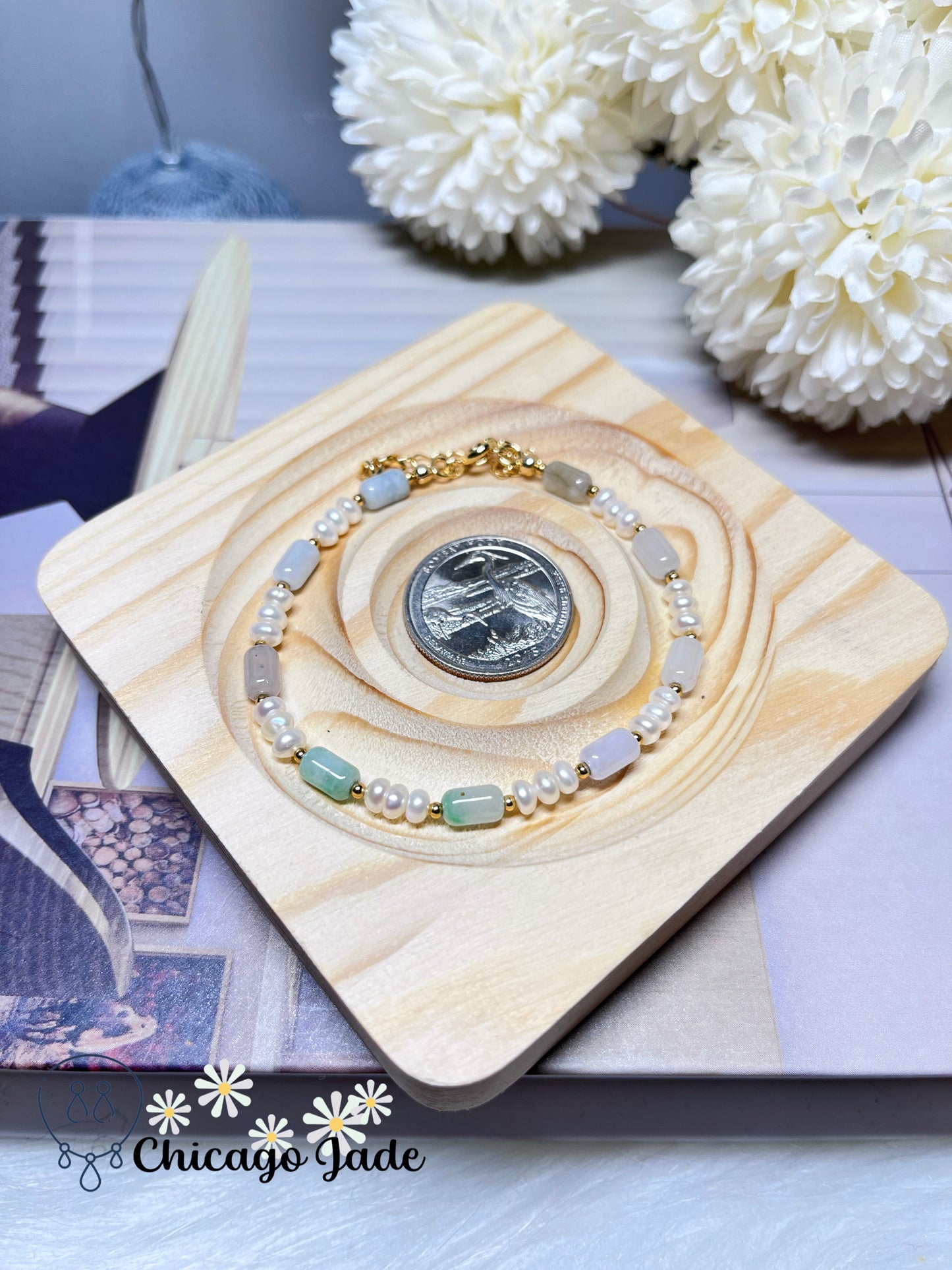 Natural Freshwater Pearls with Natural Untreated Grade A Barrel Shaped Jadeite Jade Feicui Beaded Bracelet