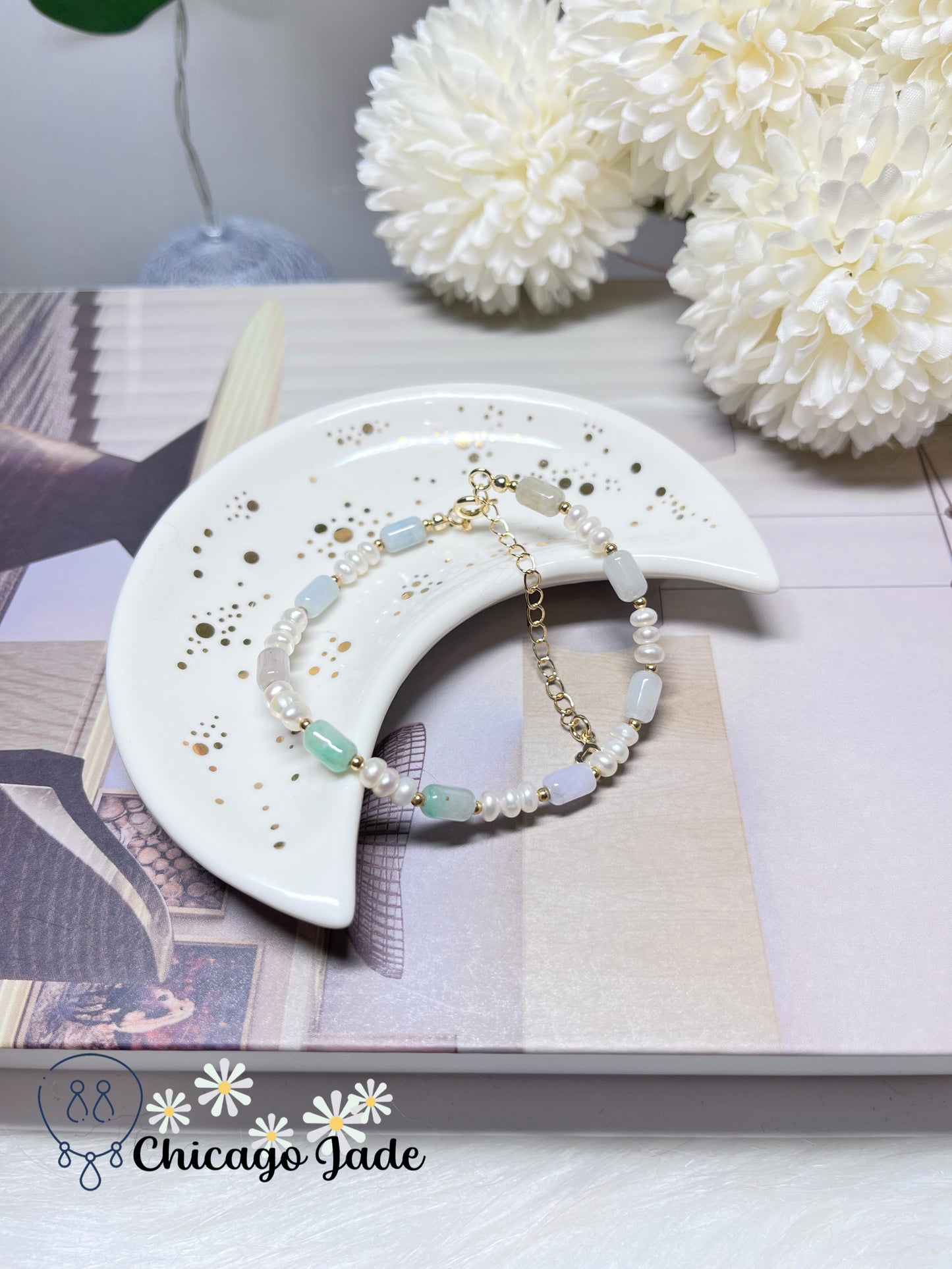 Natural Freshwater Pearls with Natural Untreated Grade A Barrel Shaped Jadeite Jade Feicui Beaded Bracelet