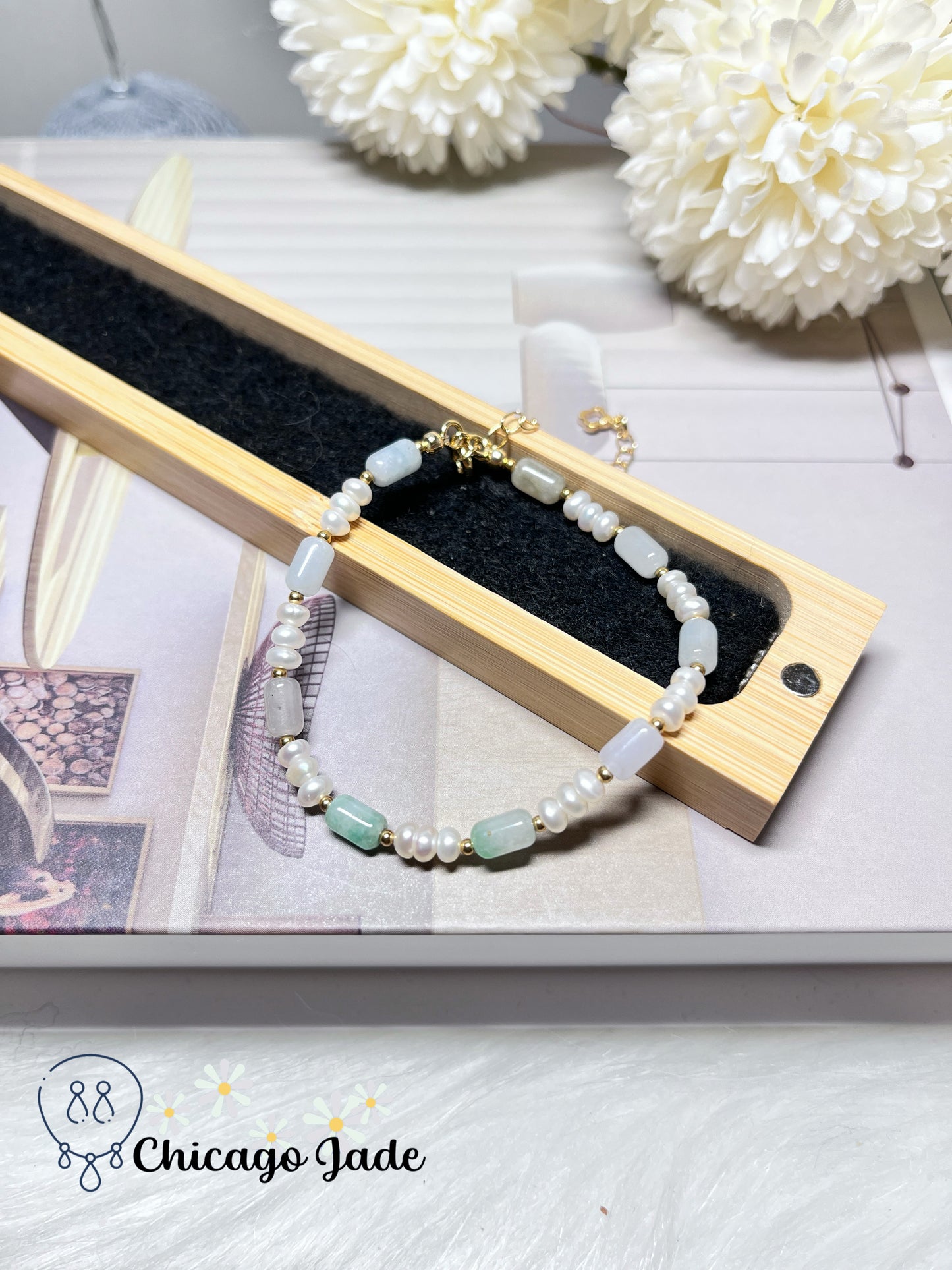 Natural Freshwater Pearls with Natural Untreated Grade A Barrel Shaped Jadeite Jade Feicui Beaded Bracelet