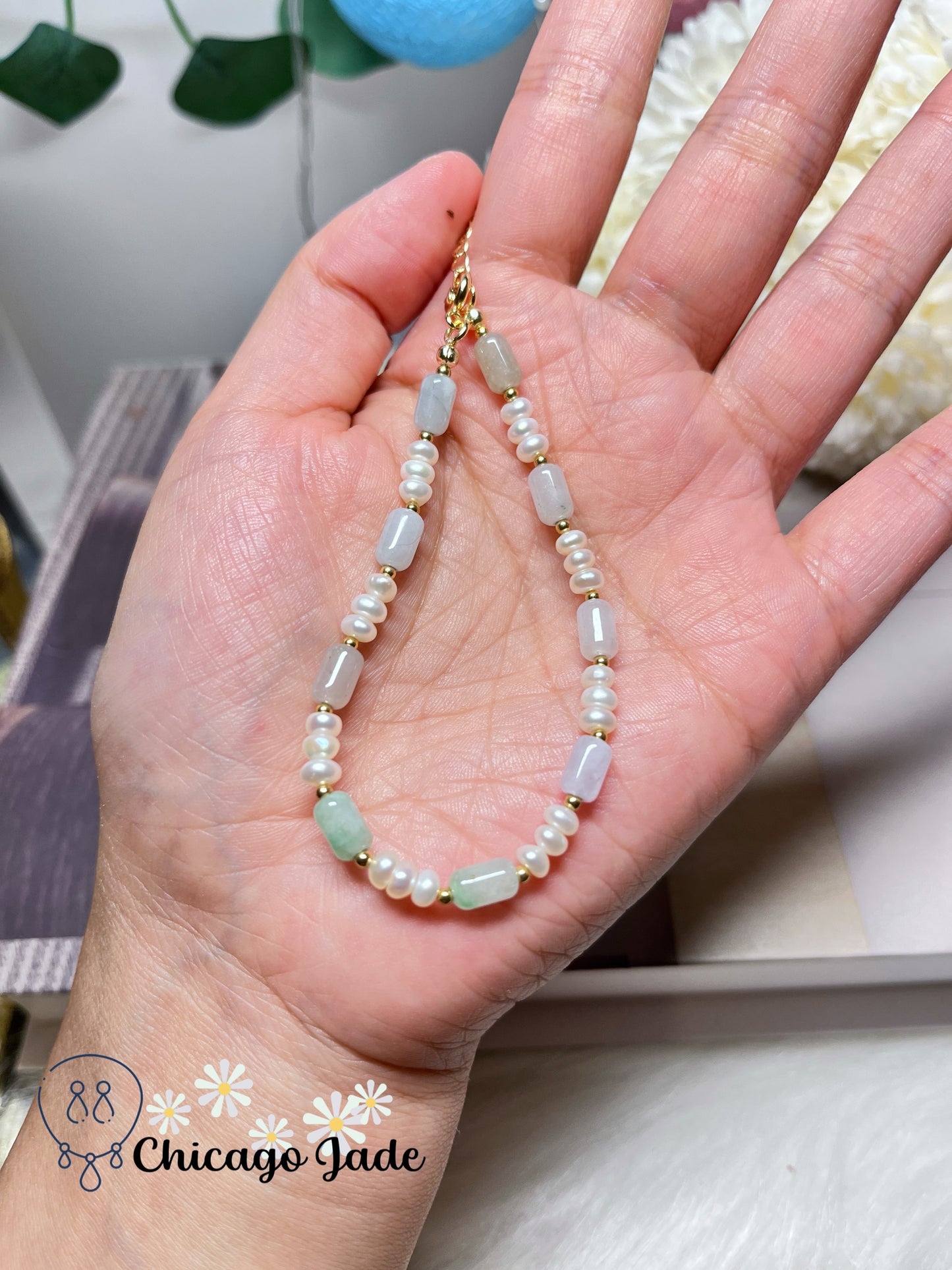 Natural Freshwater Pearls with Natural Untreated Grade A Barrel Shaped Jadeite Jade Feicui Beaded Bracelet