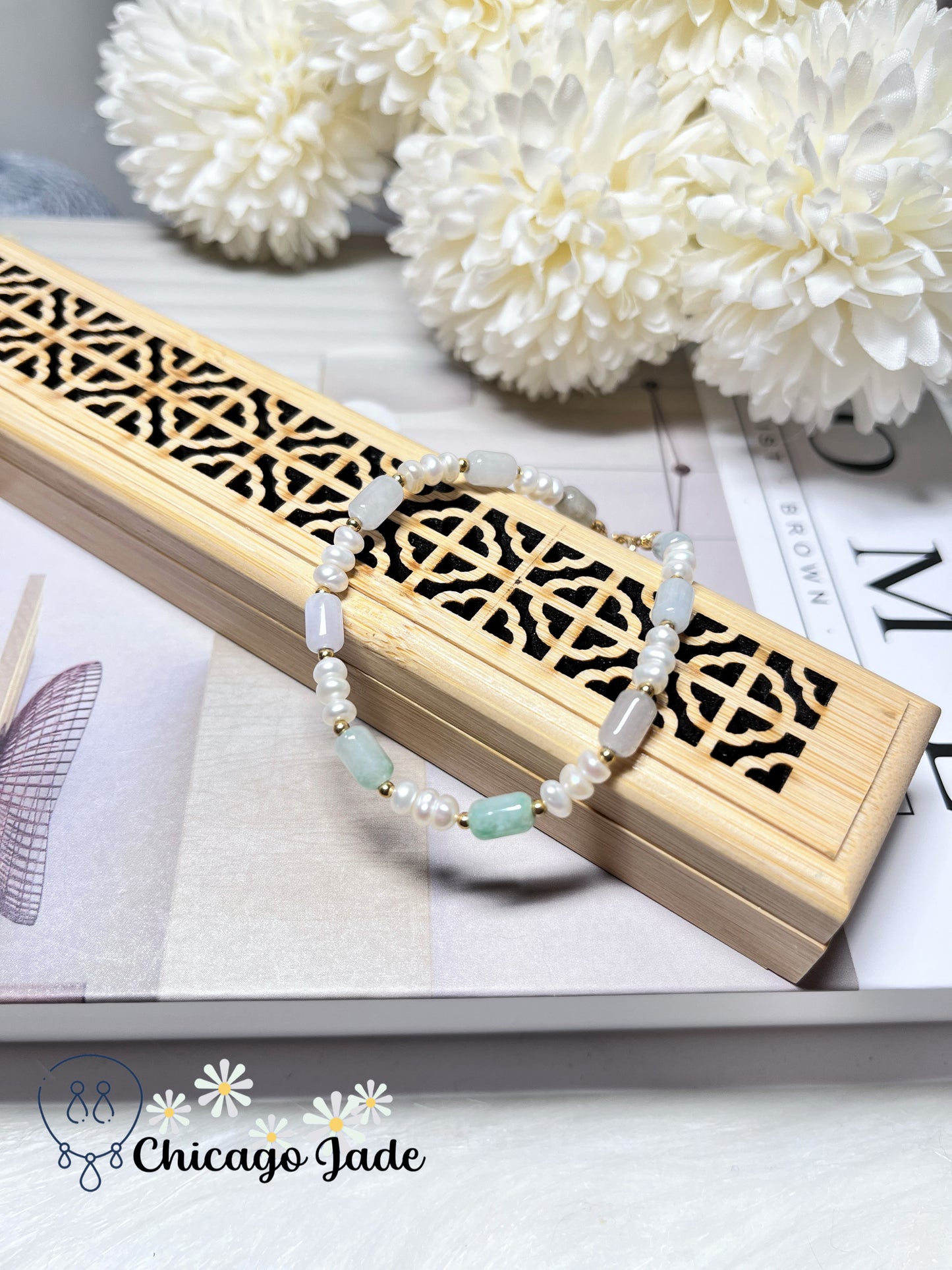 Natural Freshwater Pearls with Natural Untreated Grade A Barrel Shaped Jadeite Jade Feicui Beaded Bracelet