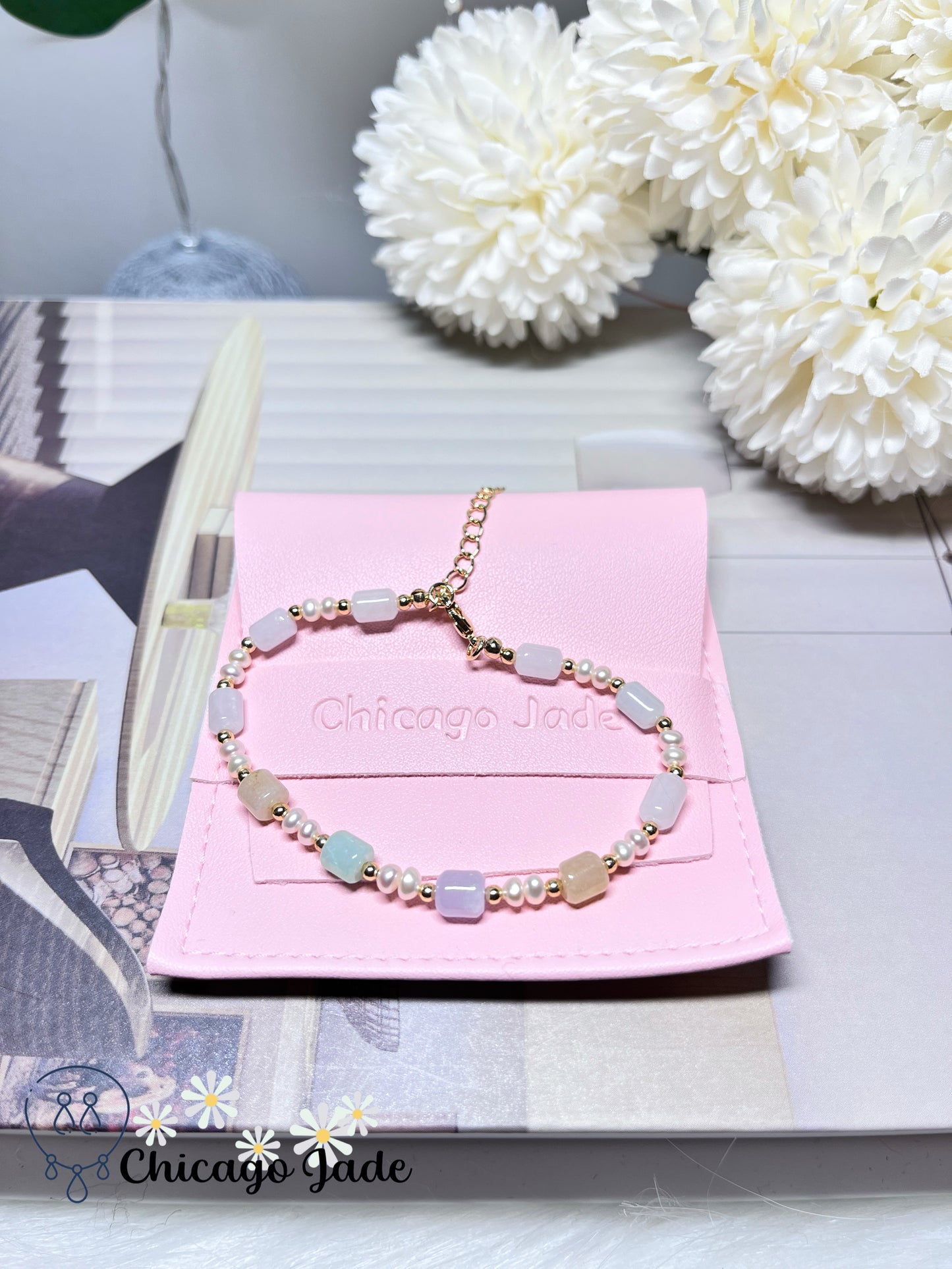 Natural Freshwater Pearls and Natural Untreated Grade A Jadeite Jade Feicui Beaded Bracelet