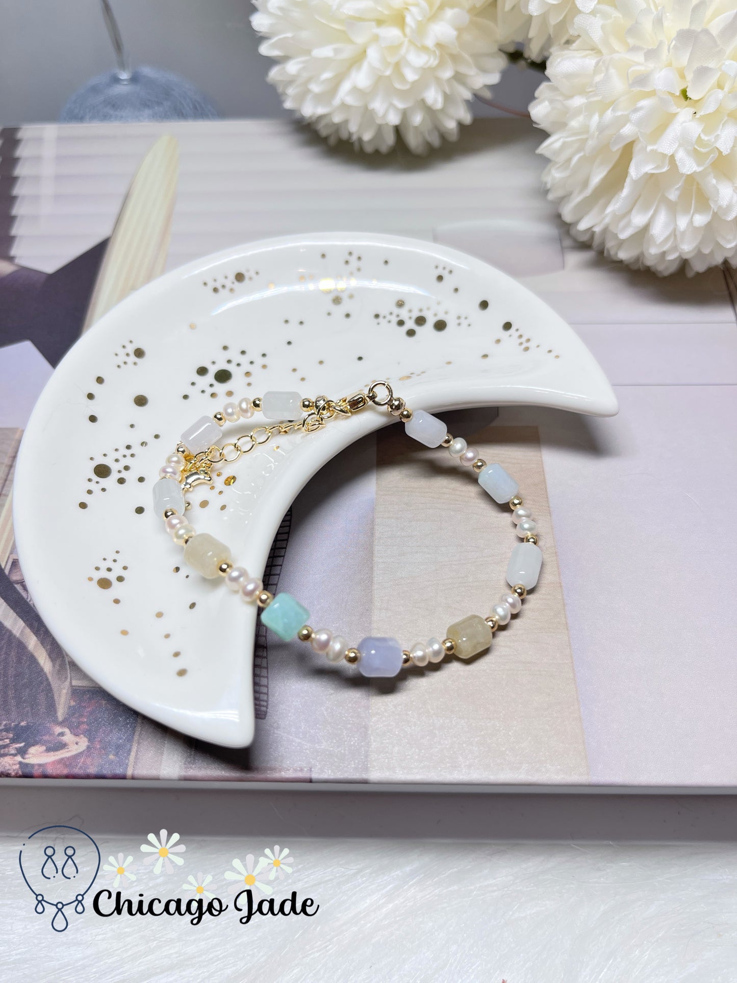 Natural Freshwater Pearls and Natural Untreated Grade A Jadeite Jade Feicui Beaded Bracelet
