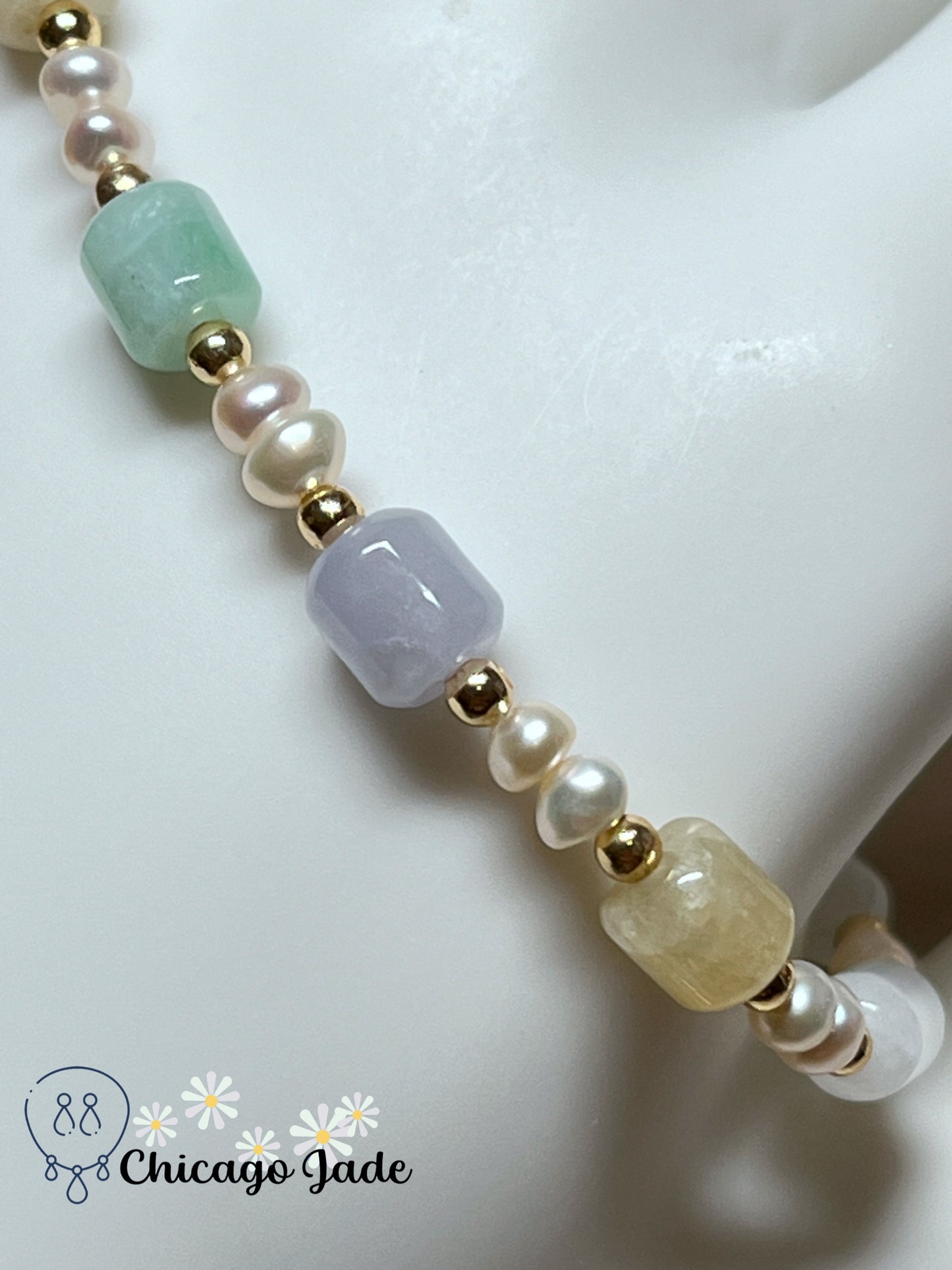 Natural Freshwater Pearls and Natural Untreated Grade A Jadeite Jade Feicui Beaded Bracelet