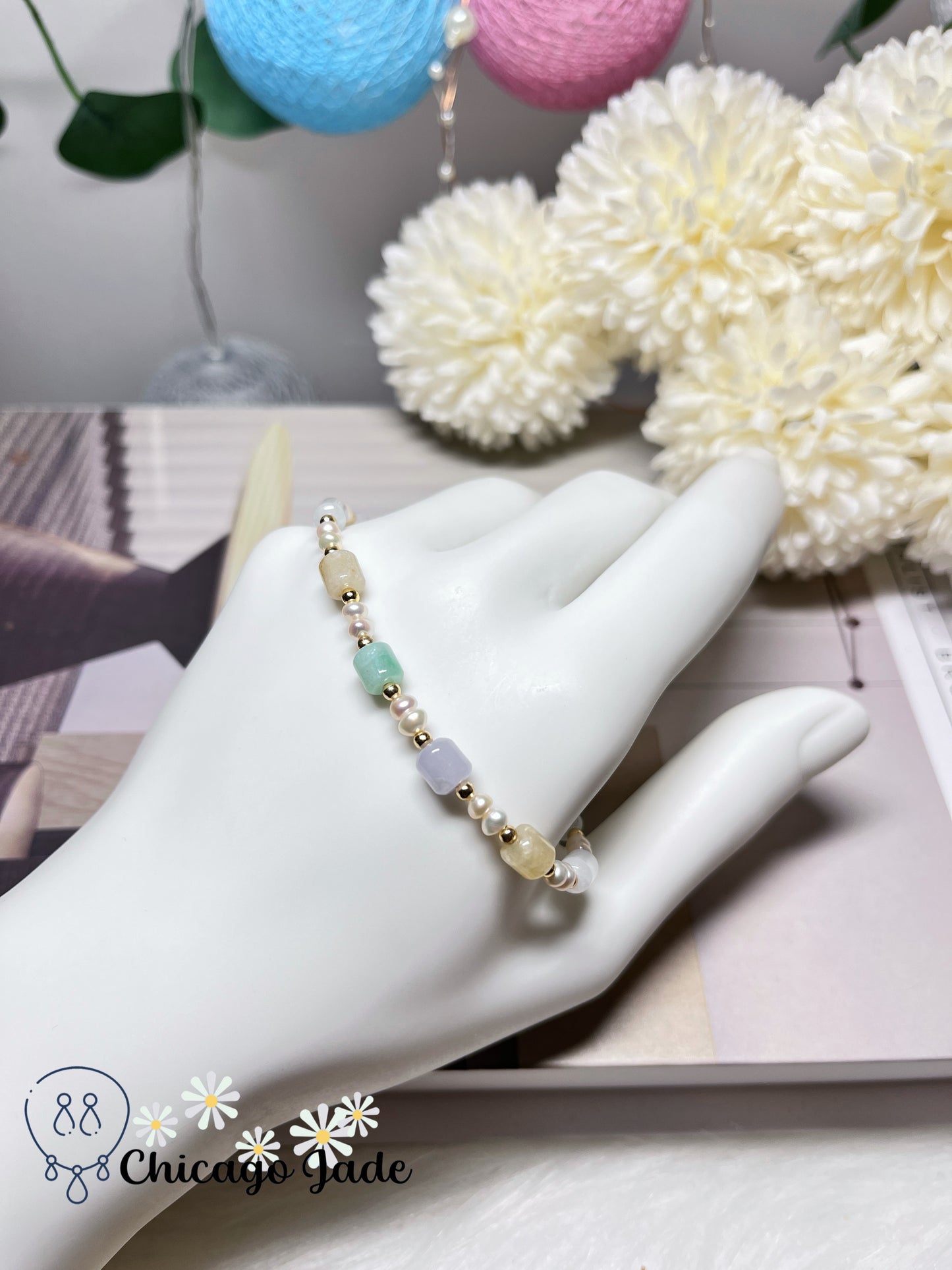 Natural Freshwater Pearls and Natural Untreated Grade A Jadeite Jade Feicui Beaded Bracelet
