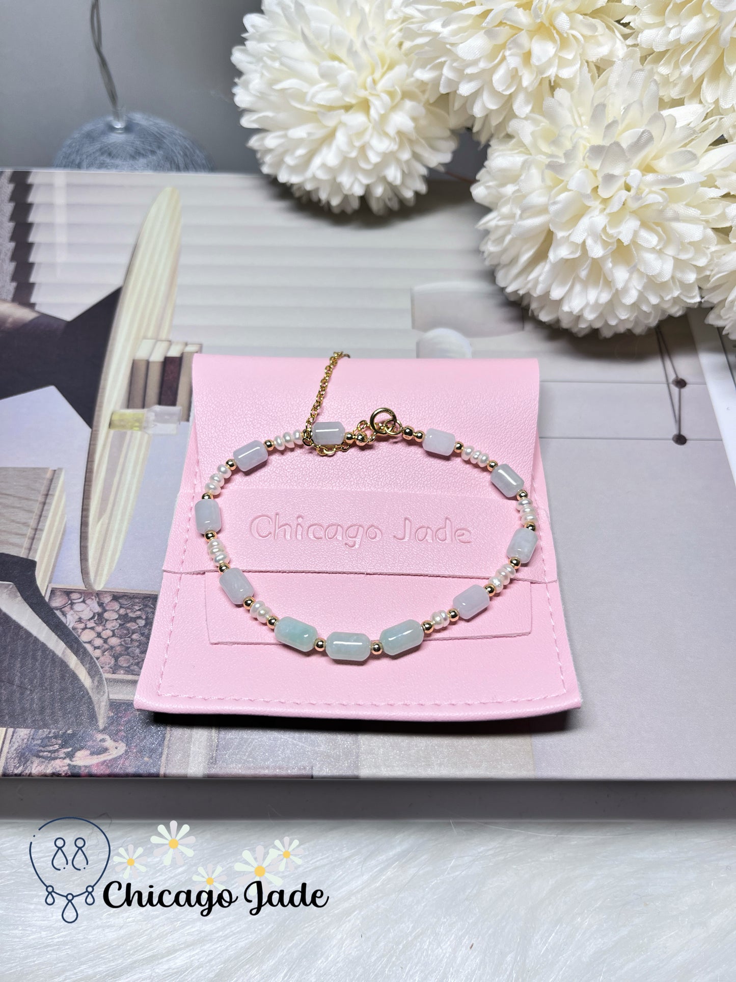 Natural Freshwater Pearl with Natural Untreated Grade A Burma Jadeite Jade Feicui Beaded Bracelet