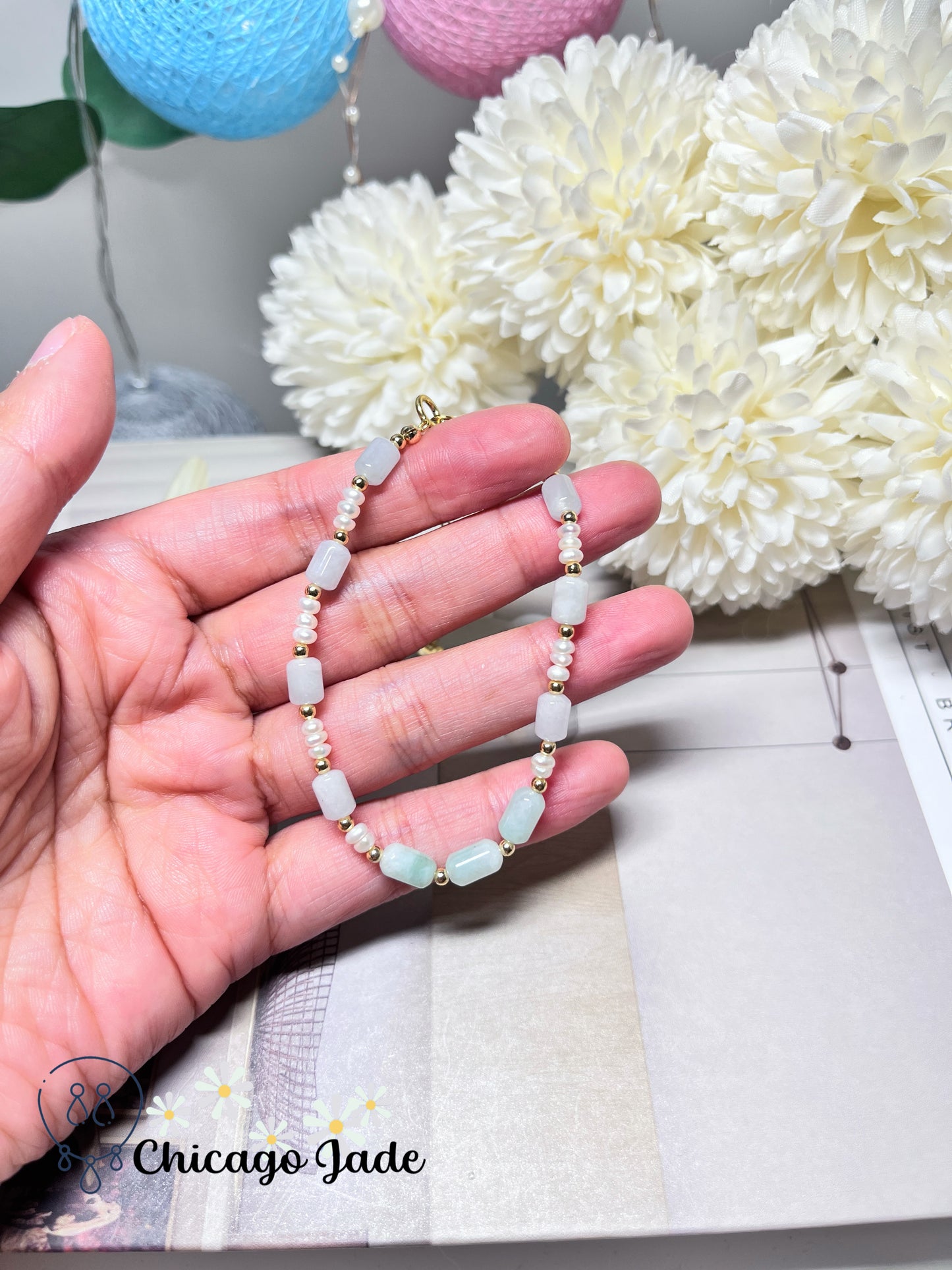 Natural Freshwater Pearl with Natural Untreated Grade A Burma Jadeite Jade Feicui Beaded Bracelet