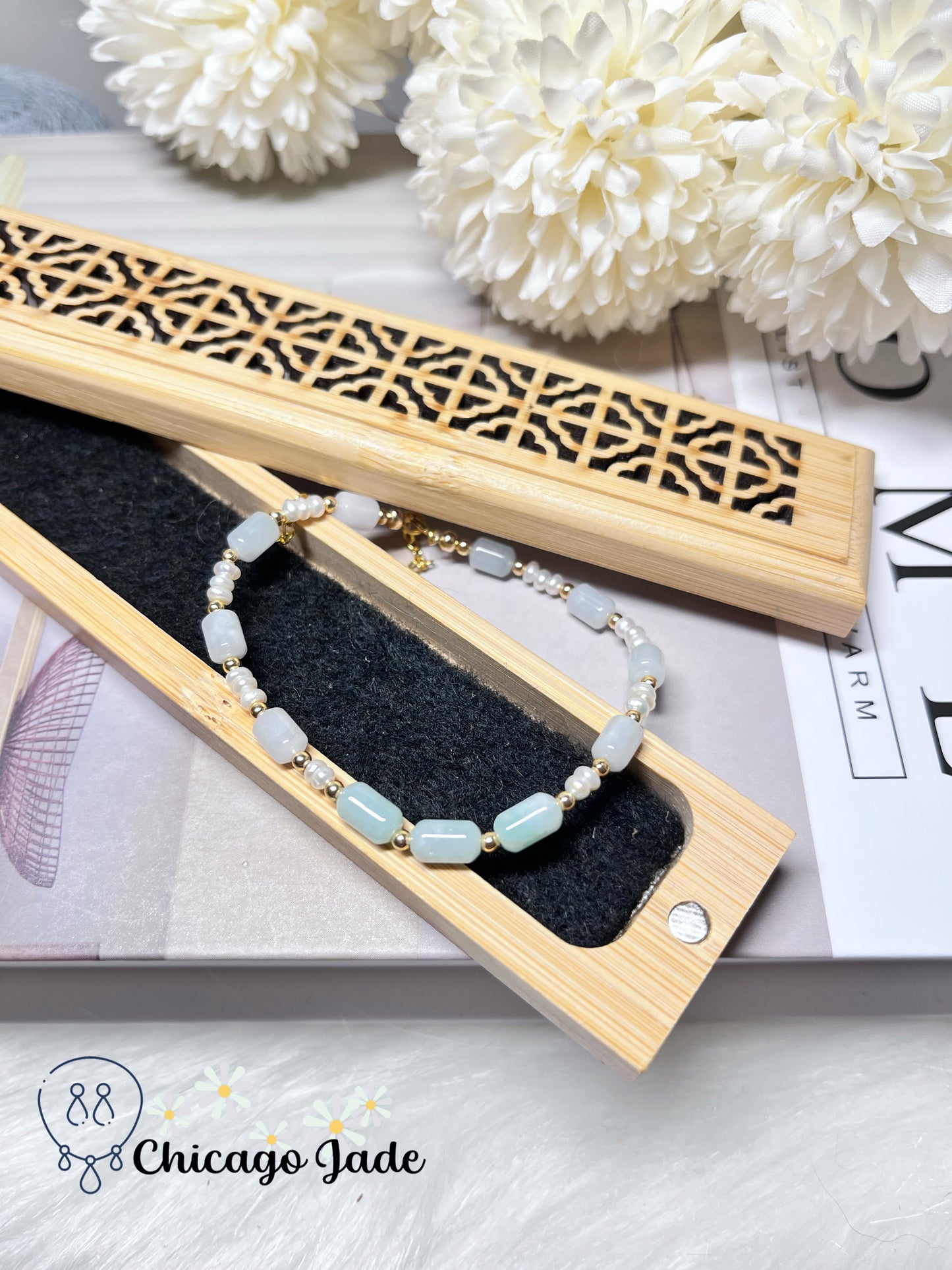 Natural Freshwater Pearl with Natural Untreated Grade A Burma Jadeite Jade Feicui Beaded Bracelet