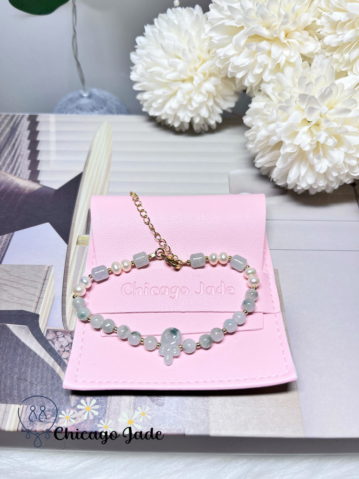 Natural Freshwater Pearl with Natural Untreated Burma Jadeite Jade Feicui Beaded Bracelet