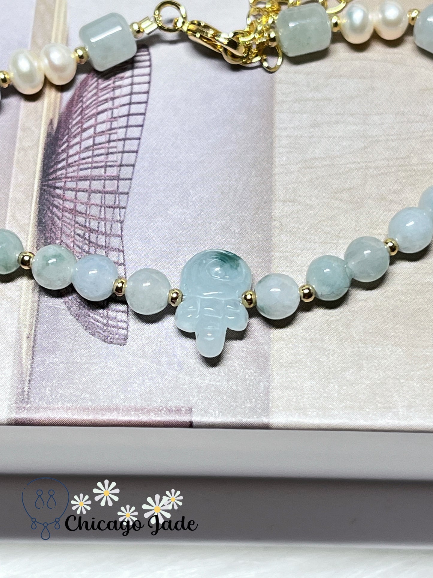 Natural Freshwater Pearl with Natural Untreated Burma Jadeite Jade Feicui Beaded Bracelet