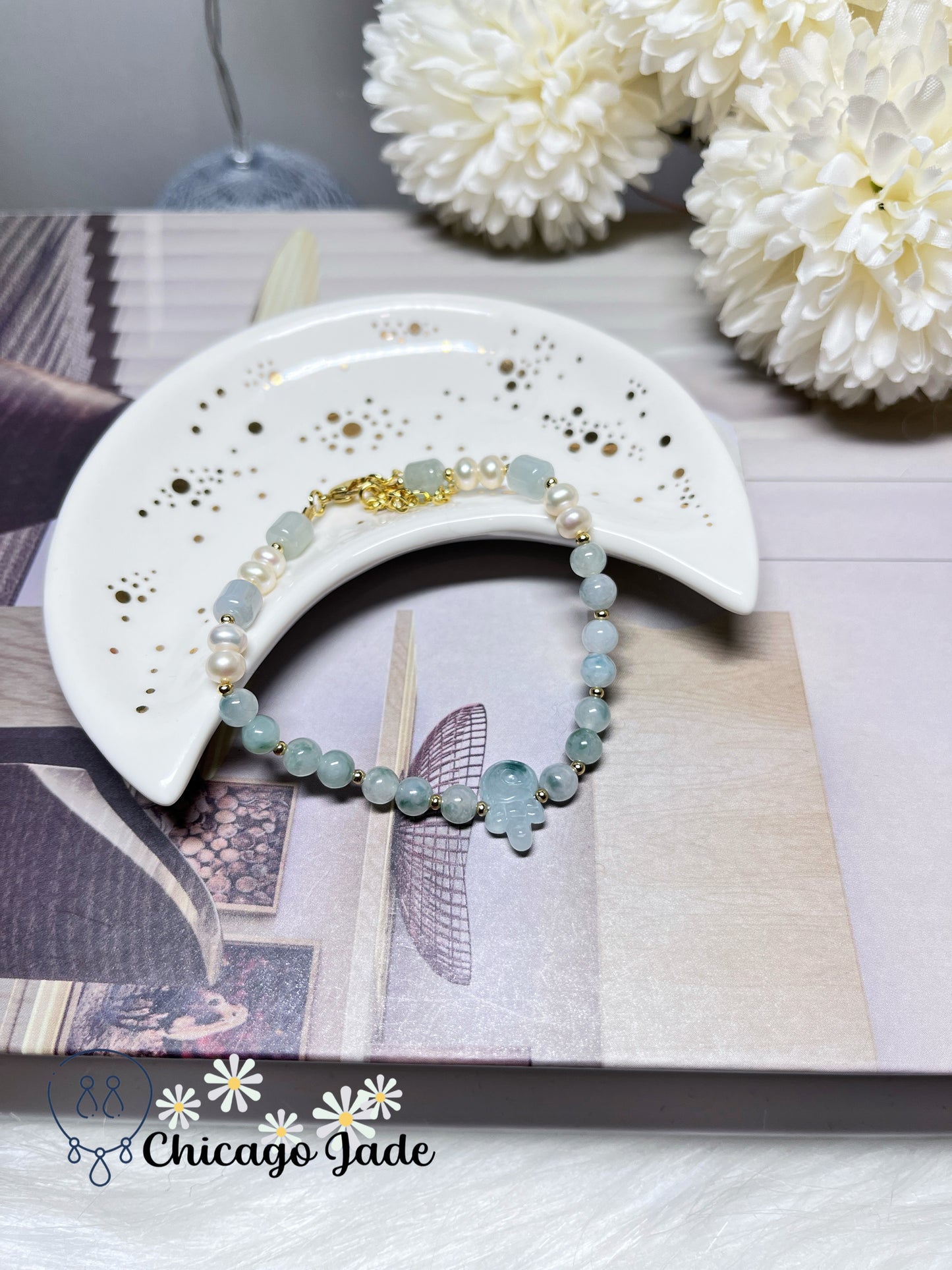 Natural Freshwater Pearl with Natural Untreated Burma Jadeite Jade Feicui Beaded Bracelet