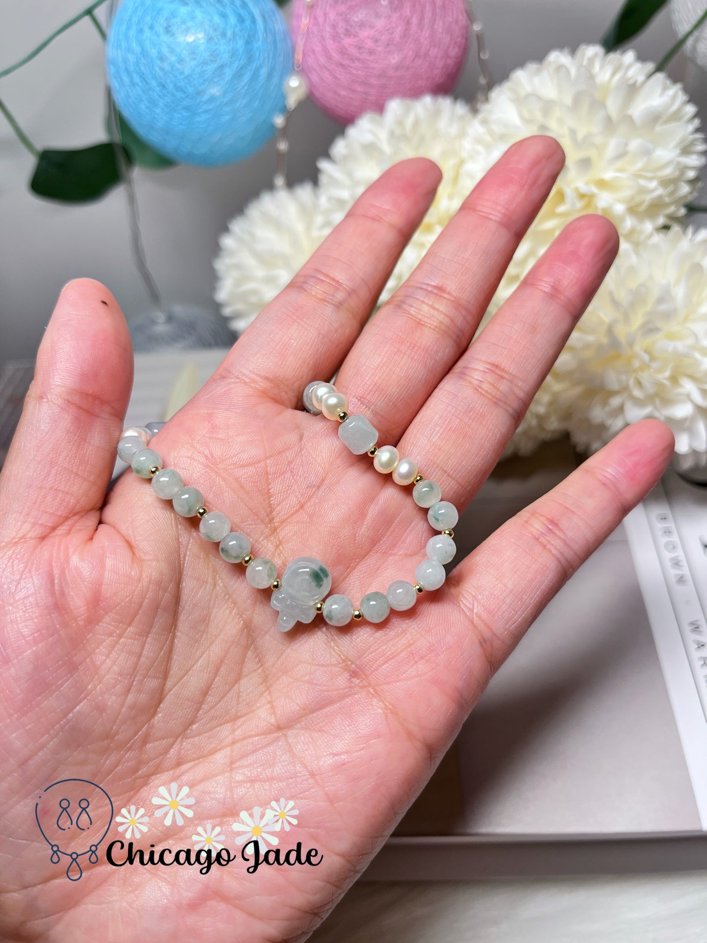 Natural Freshwater Pearl with Natural Untreated Burma Jadeite Jade Feicui Beaded Bracelet