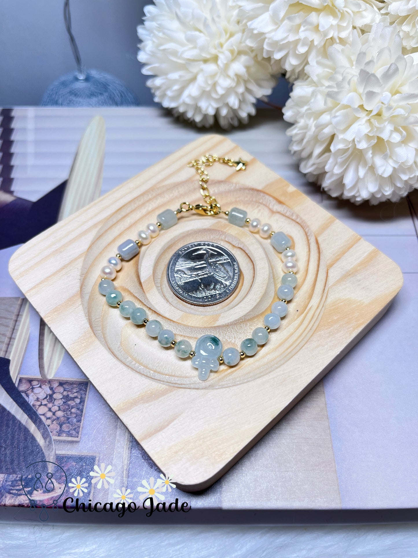 Natural Freshwater Pearl with Natural Untreated Burma Jadeite Jade Feicui Beaded Bracelet
