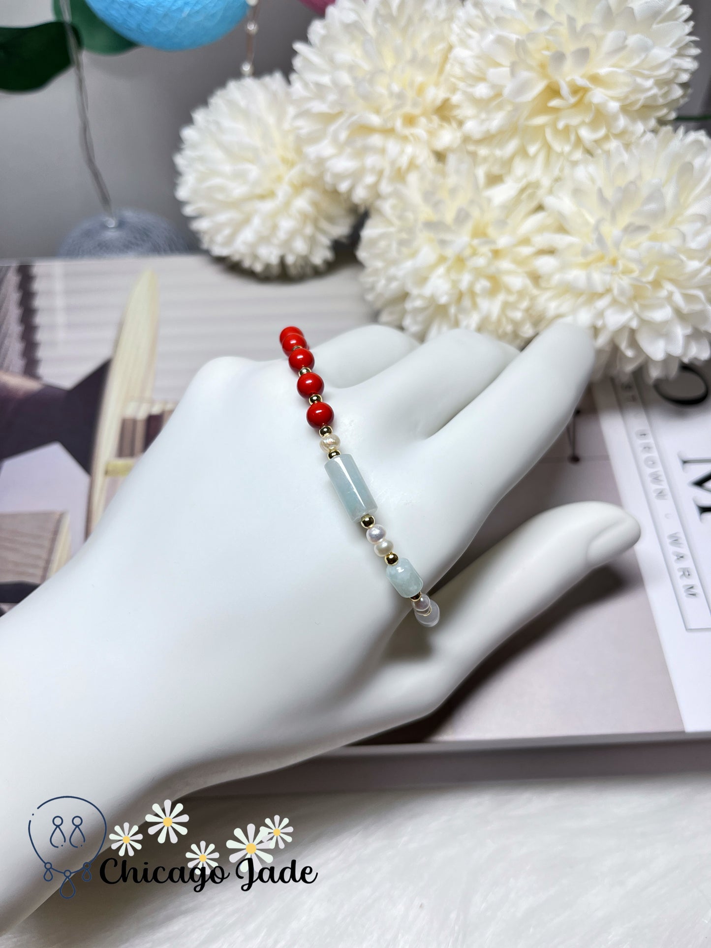 Natural Freshwater Pearls Natural Untreated Jadeite Jade Feicui Beaded Bracelet